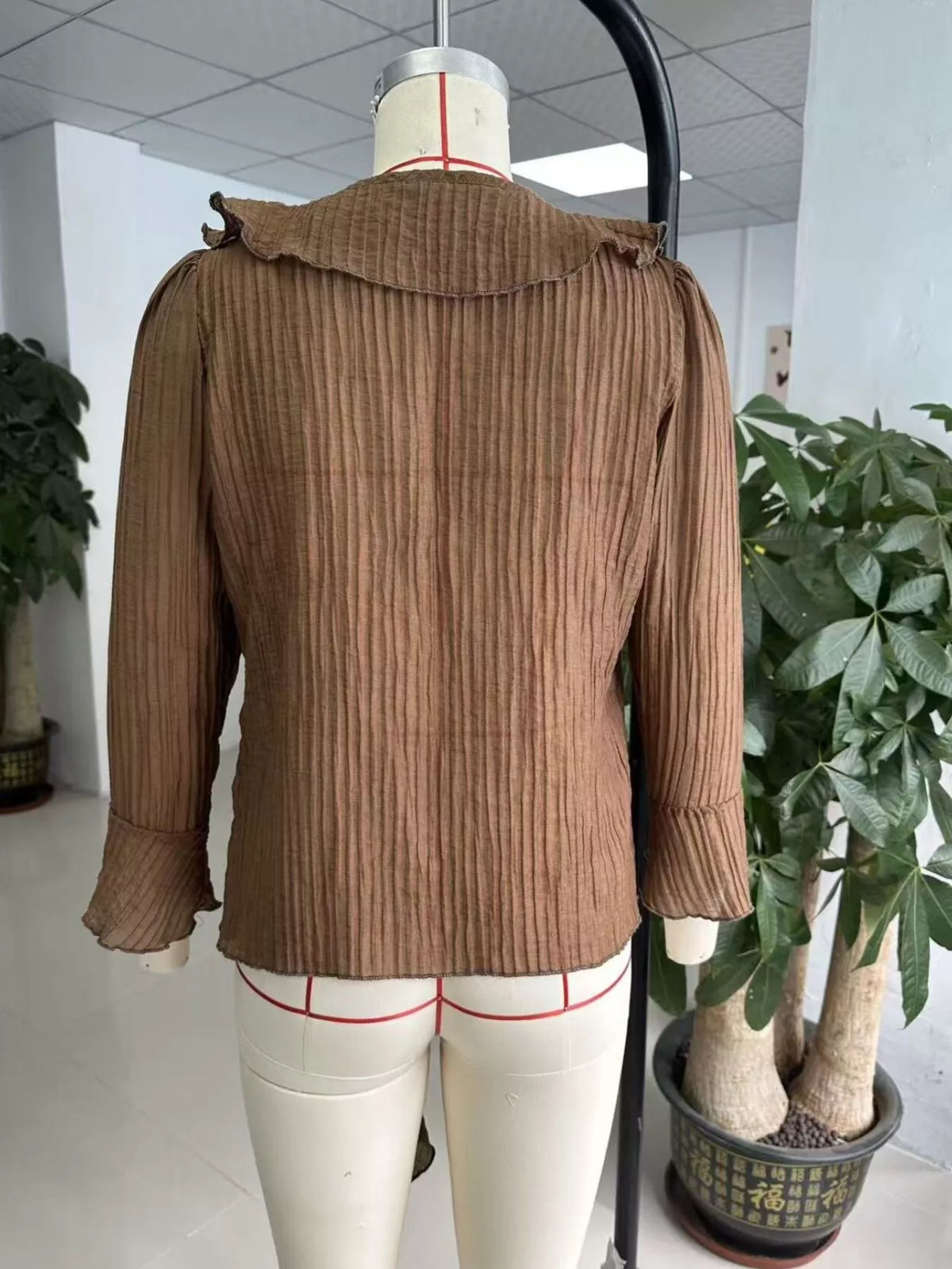 Brown Ruffled Tie Neck Long Sleeve Blouse side view