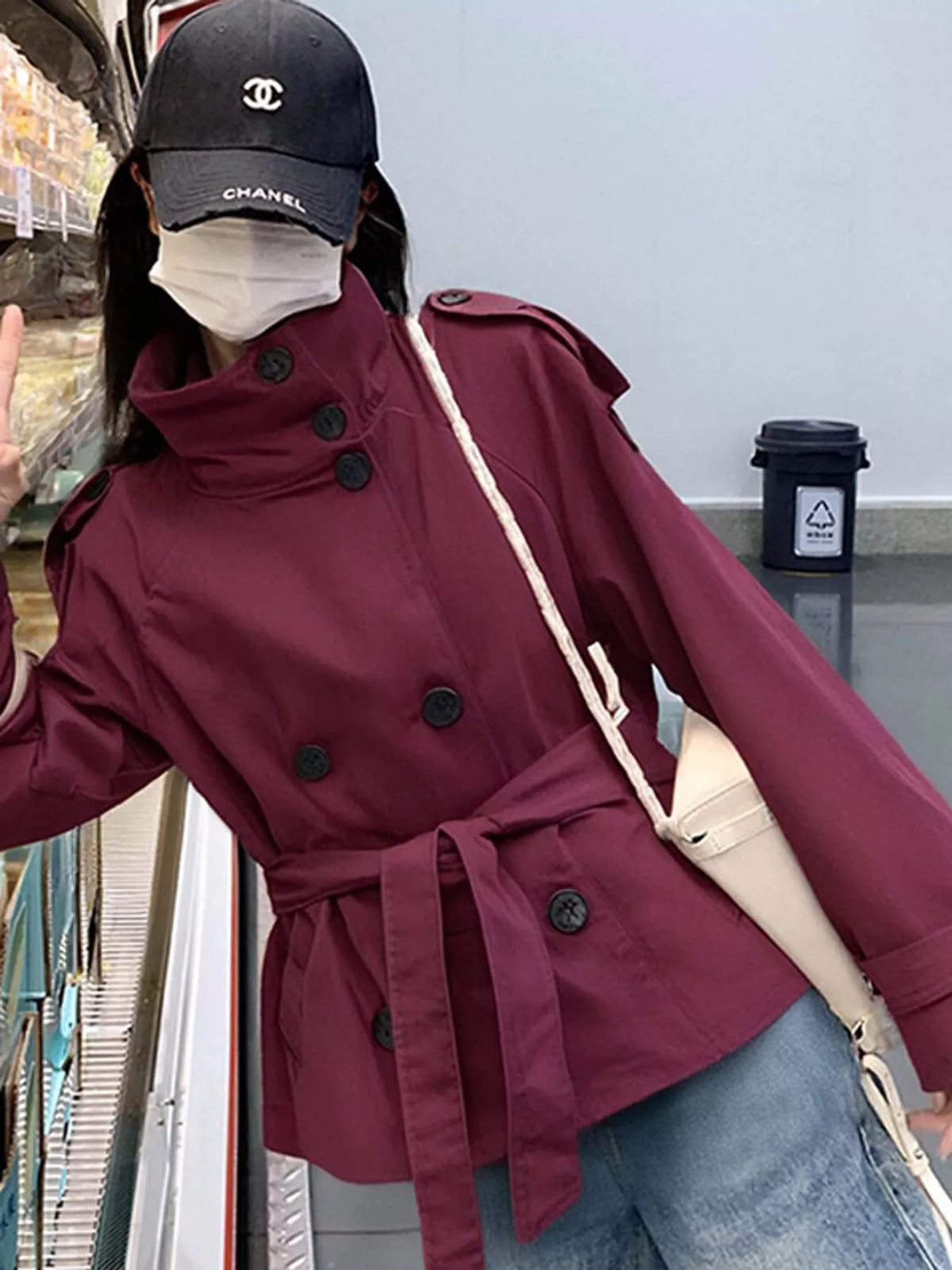 Women's Double-Breasted Belted Trench Coat in burgundy — front view