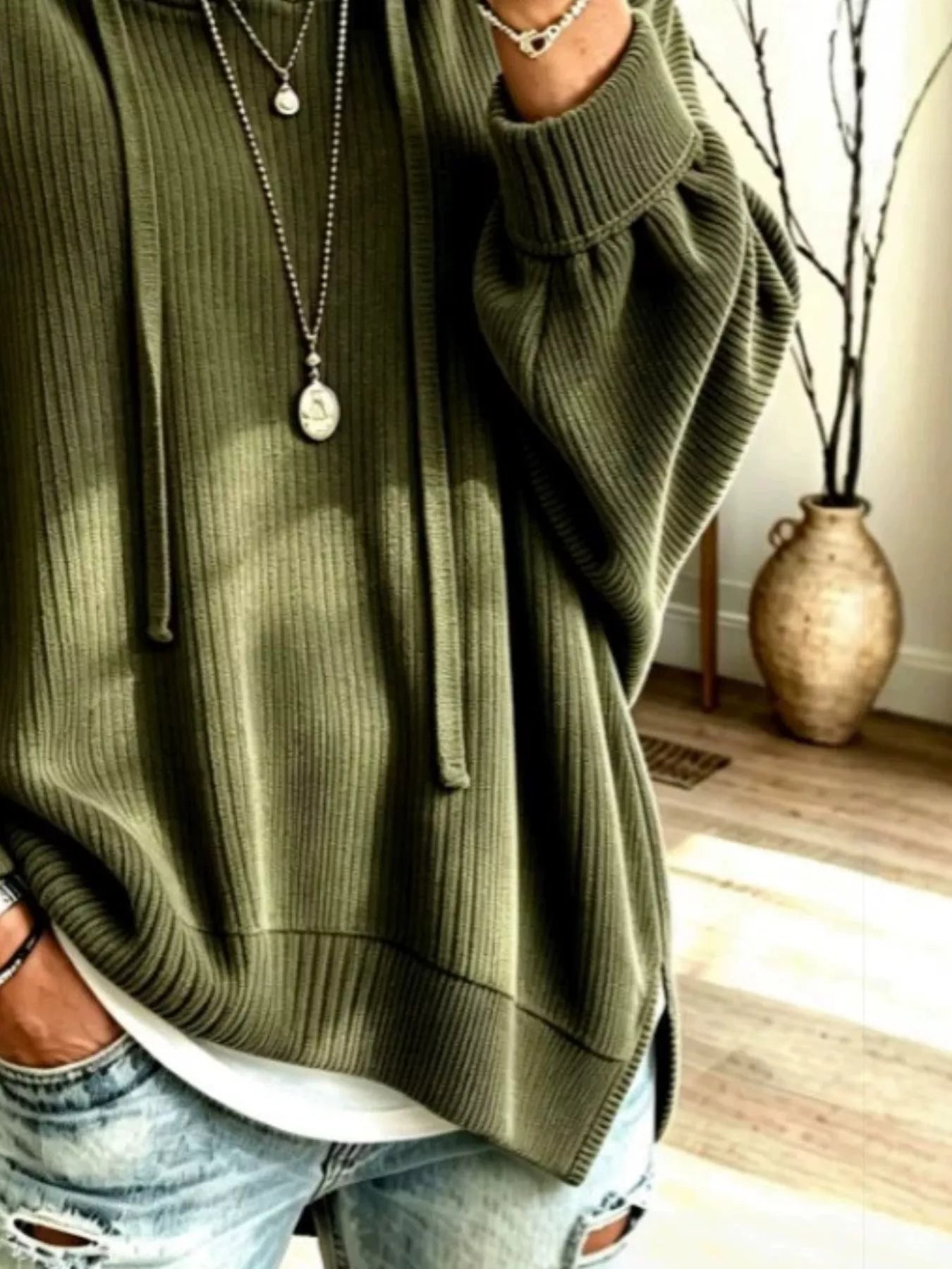 Trendsi Drawstring Ribbed Knit Hoodie -