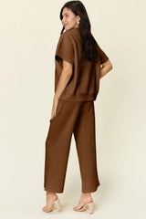 Trendsi Double Take Full Size Texture Half Zip Short Sleeve Top and Pants Set -