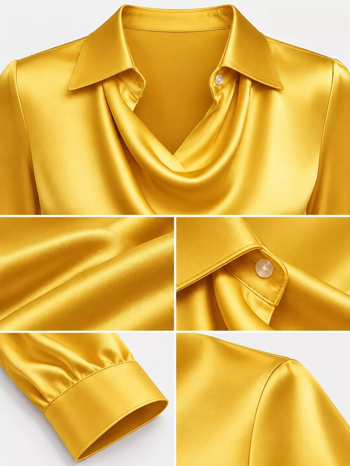 Gold satin cowl neck blouse, detail view