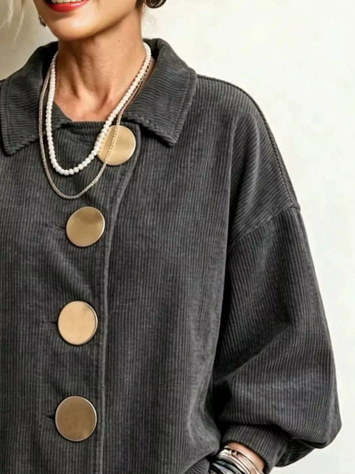 Gray corduroy button-down jacket, collar and large gold-tone buttons