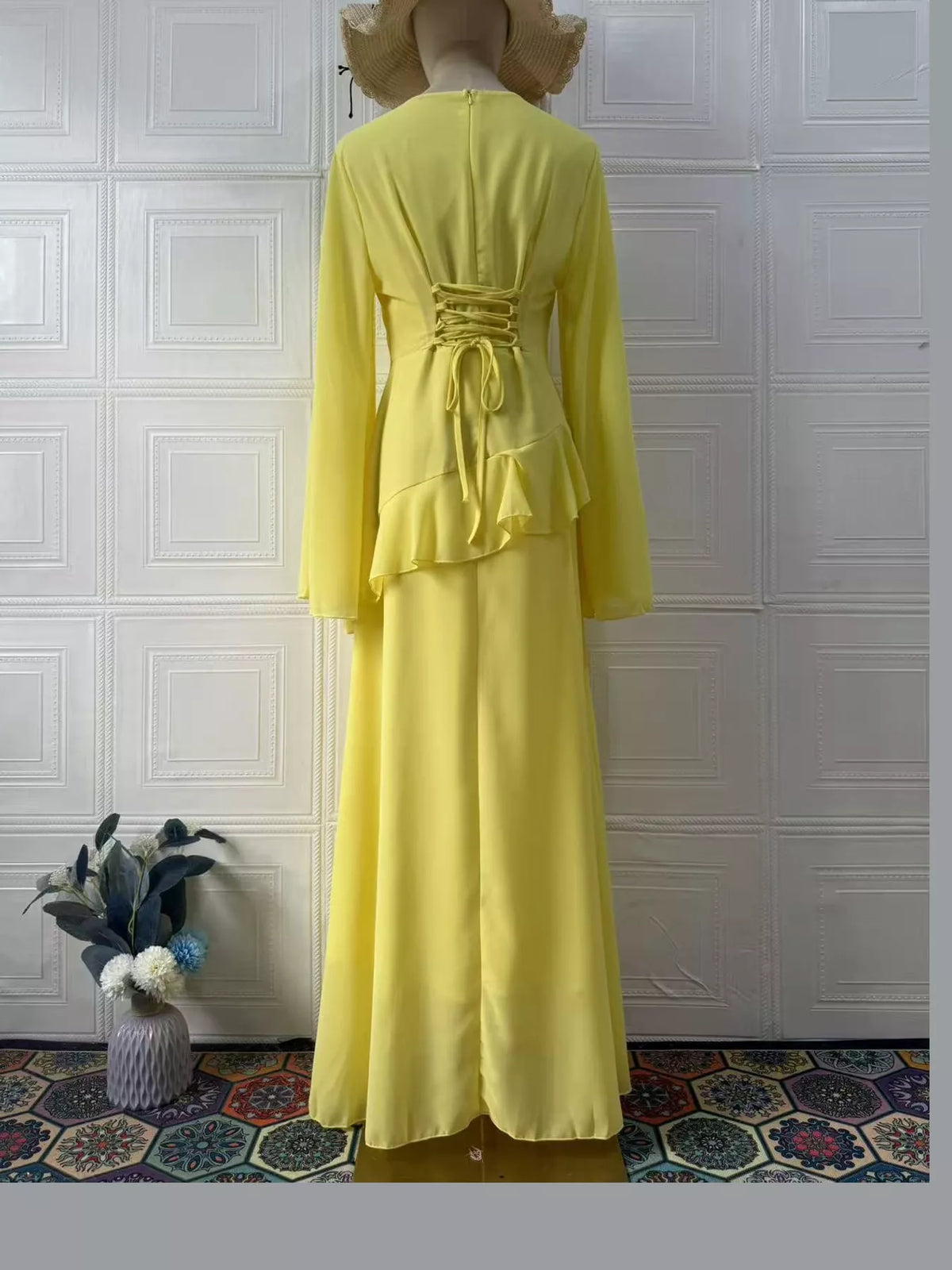 Yellow ruffled flare sleeve maxi dress, back view