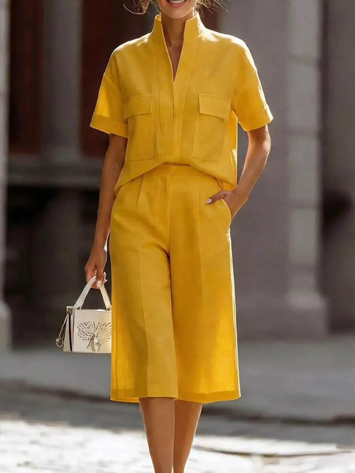 Yellow short sleeve shirt and capris set