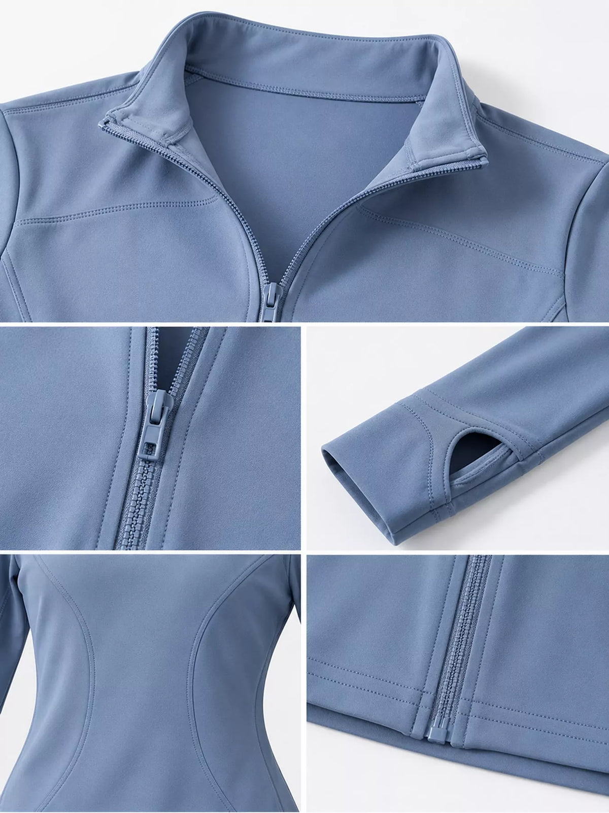 Blue quick-dry zip-up jacket, collar, zipper, thumbhole cuffs, and hem close-ups