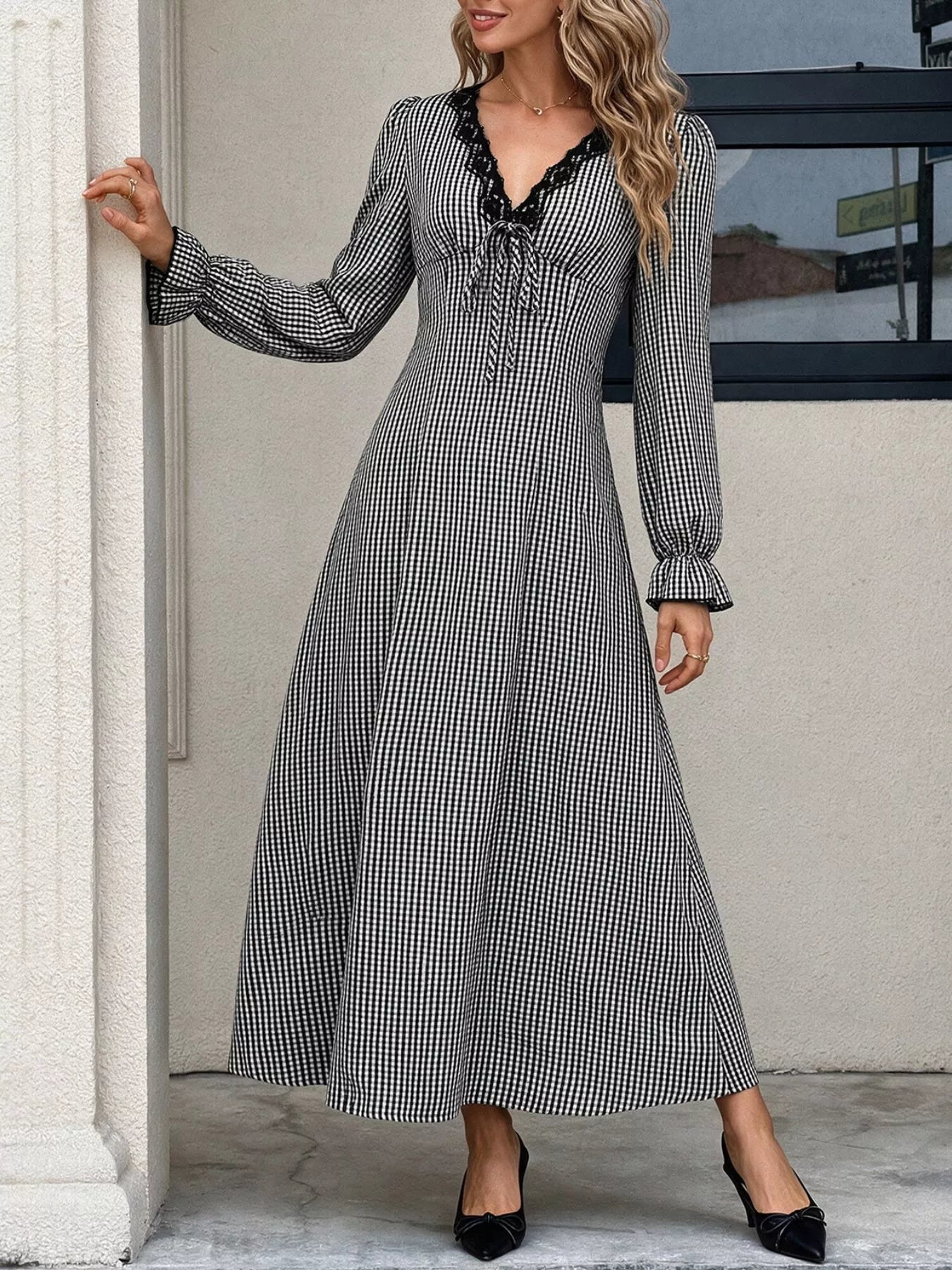 Trendsi Gingham Lace-Trim V-Neck Long Sleeve A-Line Maxi Dress -