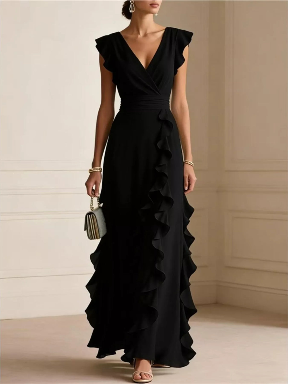 Women's Ruffled Surplice Maxi Dress in Black, front view