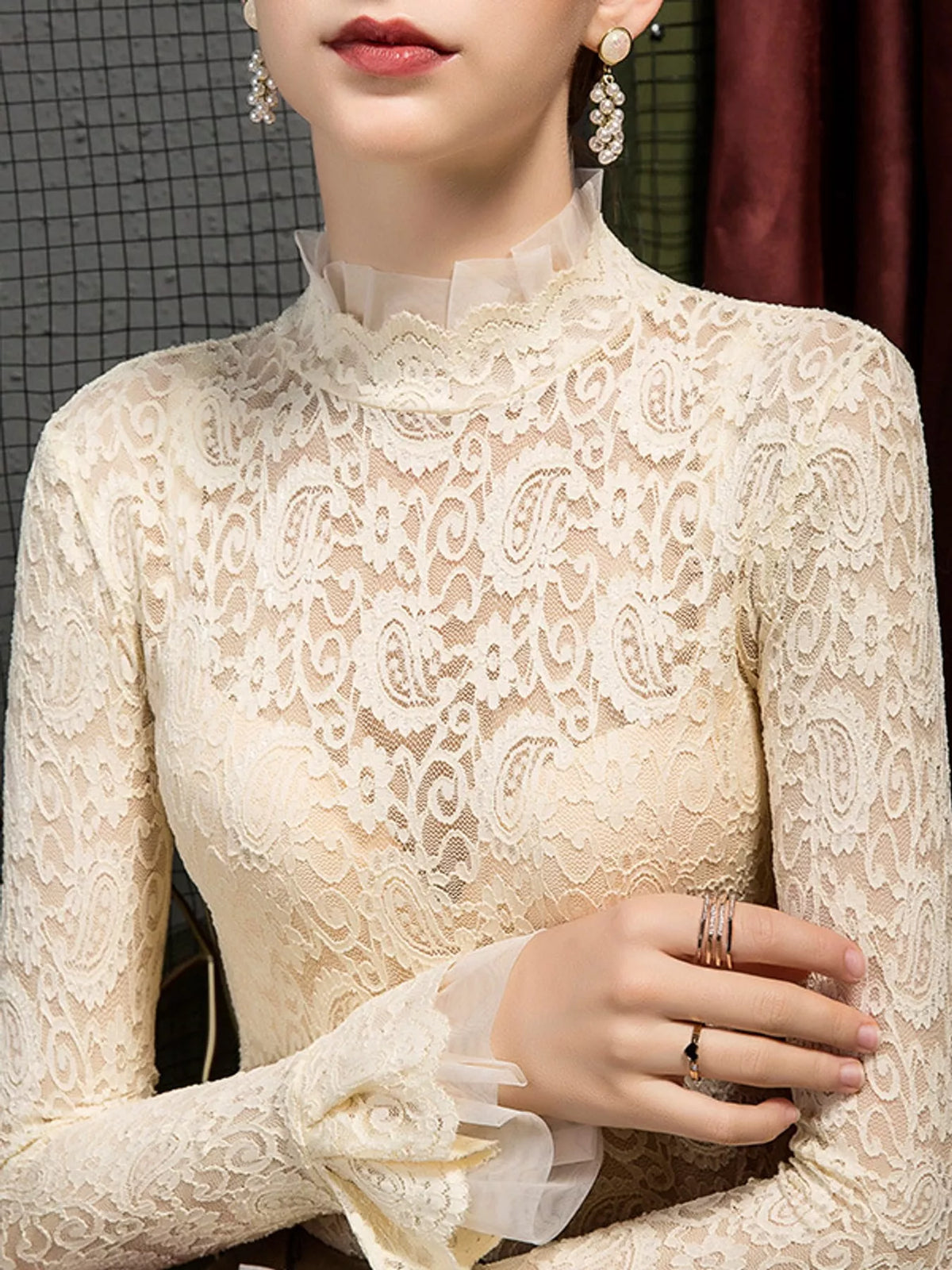 Cream lace mock neck blouse
