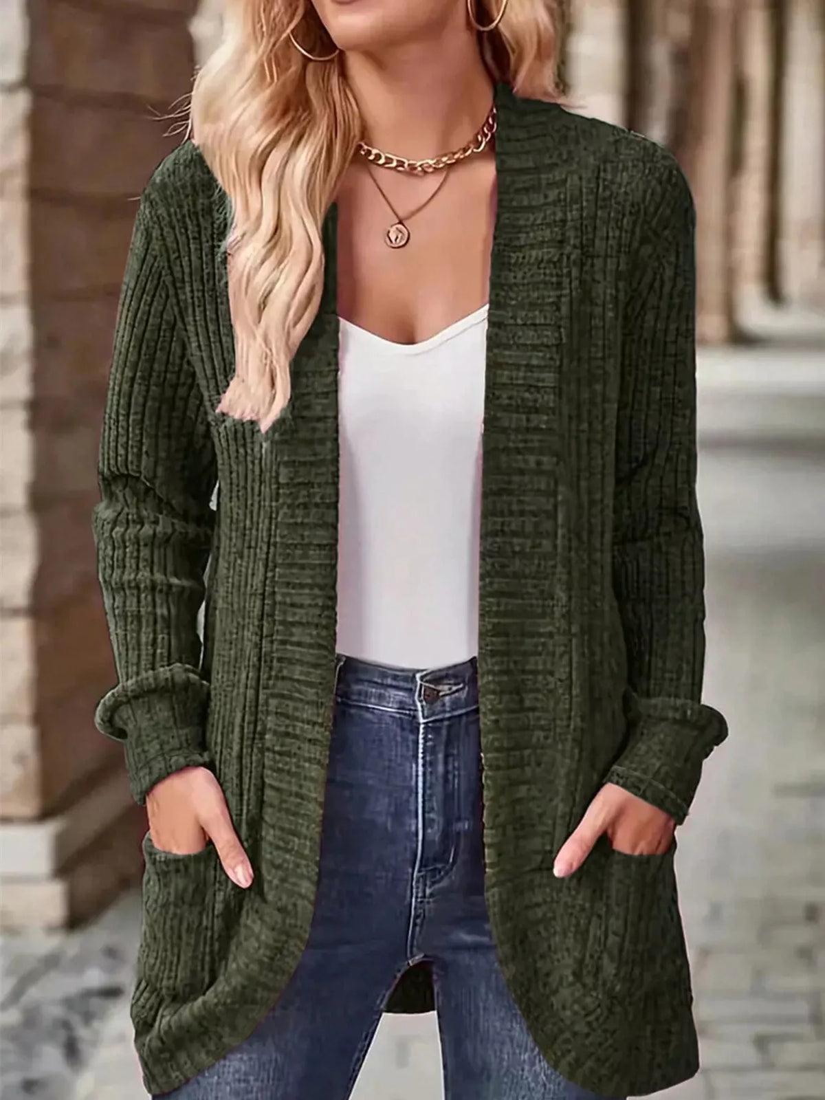 Ribbed Knit Open Front Cardigan with Pockets — front view