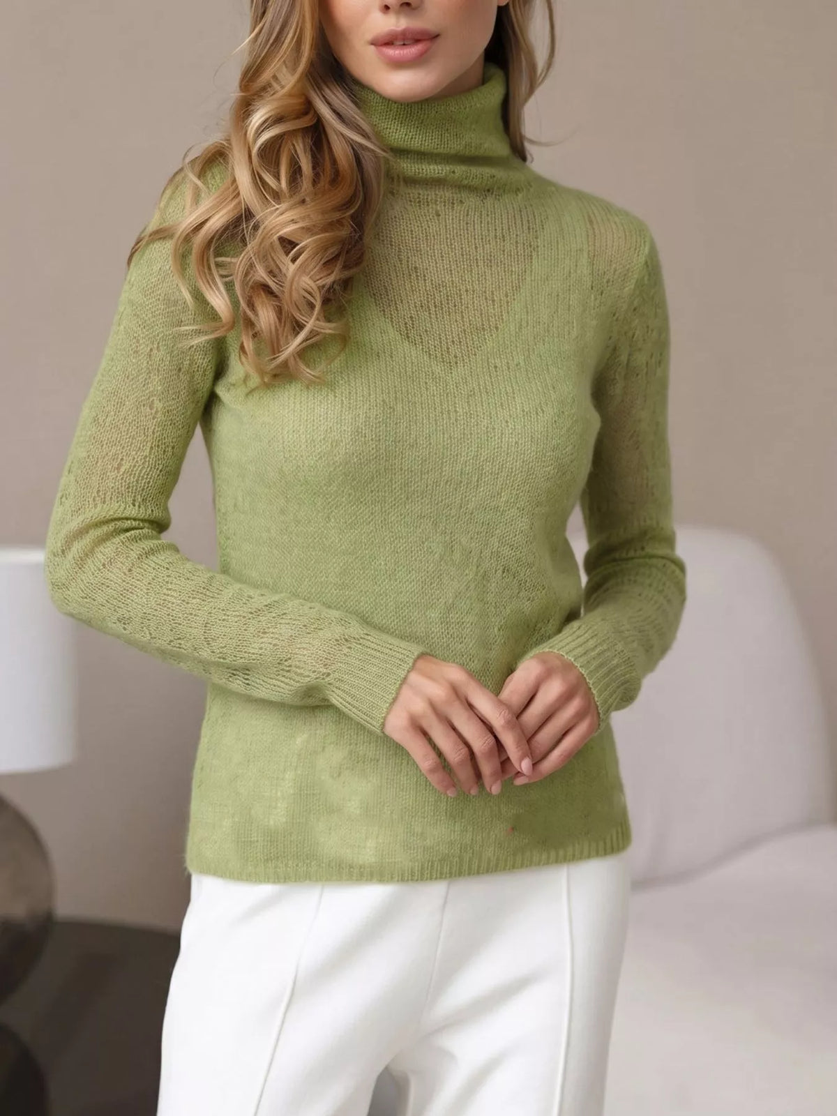 Women's Sheer Turtleneck Knit Top in olive — front view