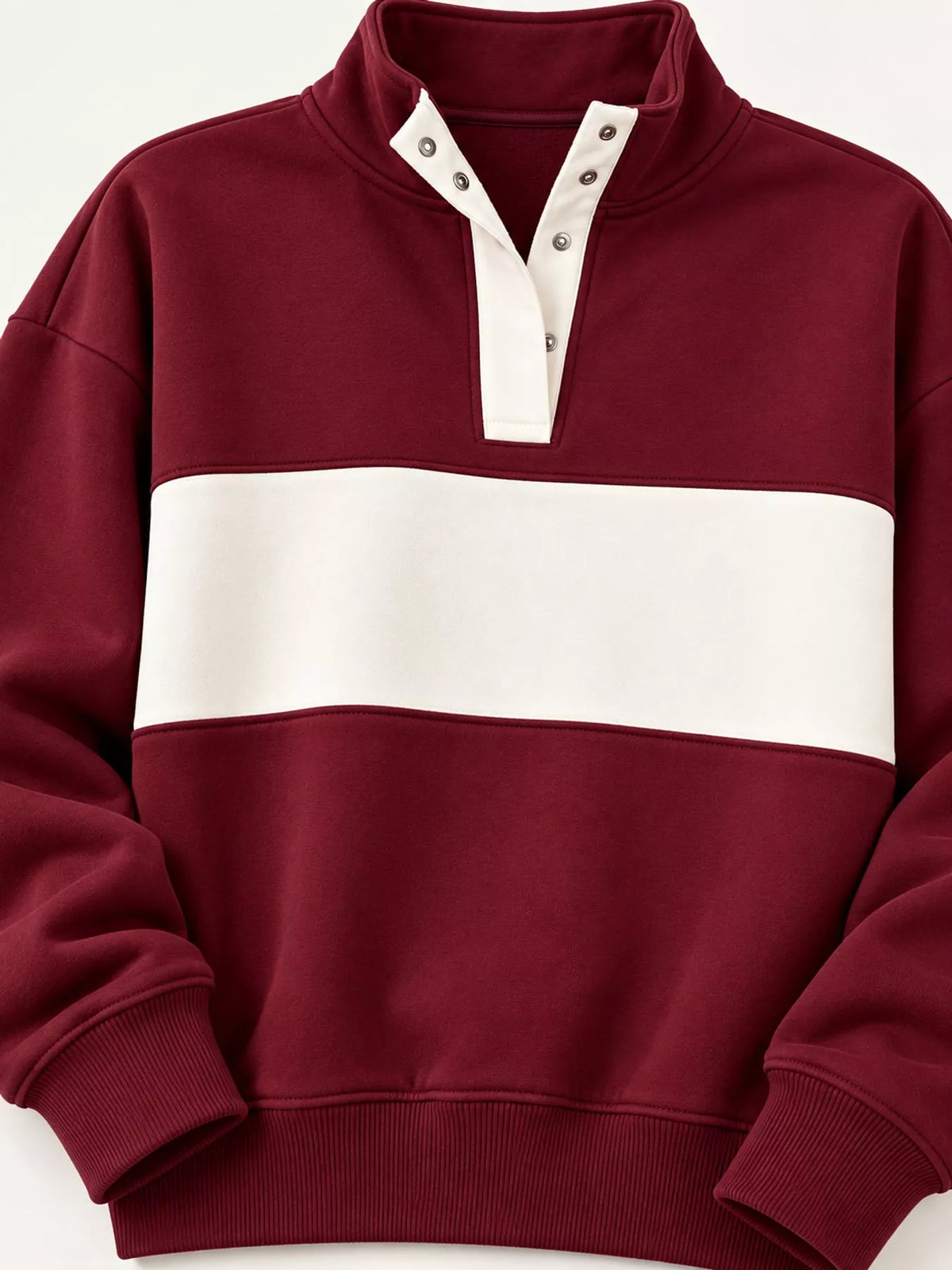 Burgundy and cream color block snap-button sweatshirt, snap neckline and contrast chest panel