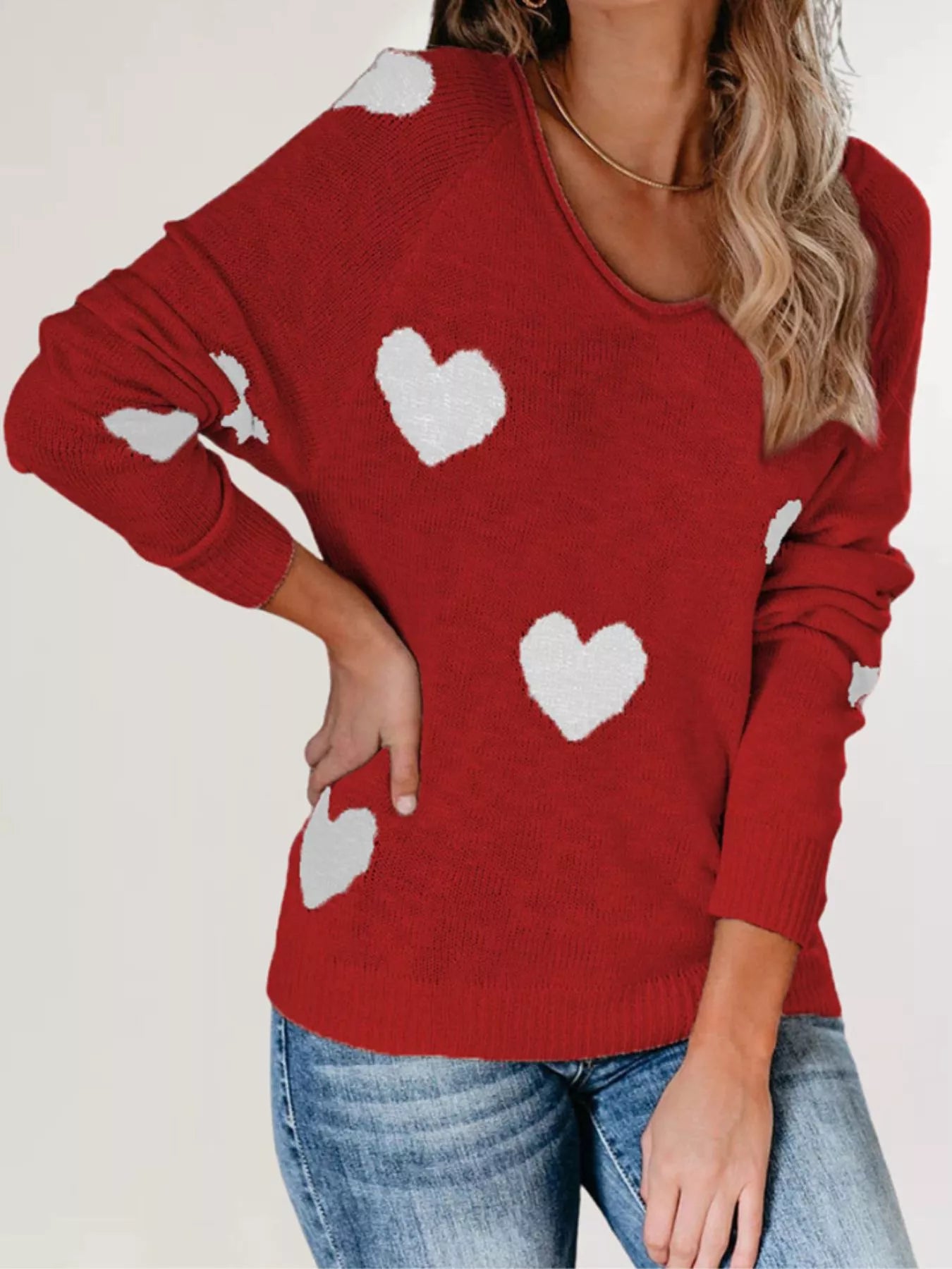Trendsi Heart Pattern Raglan Sleeve Sweater -