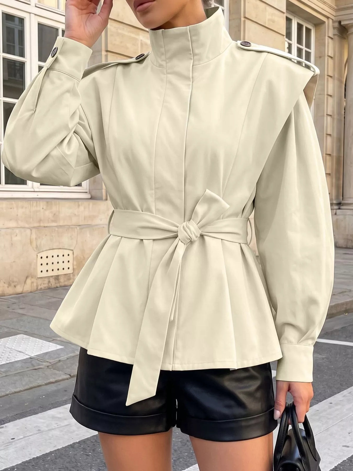 Trendsi Stand-Collar Belted Outerwear -
