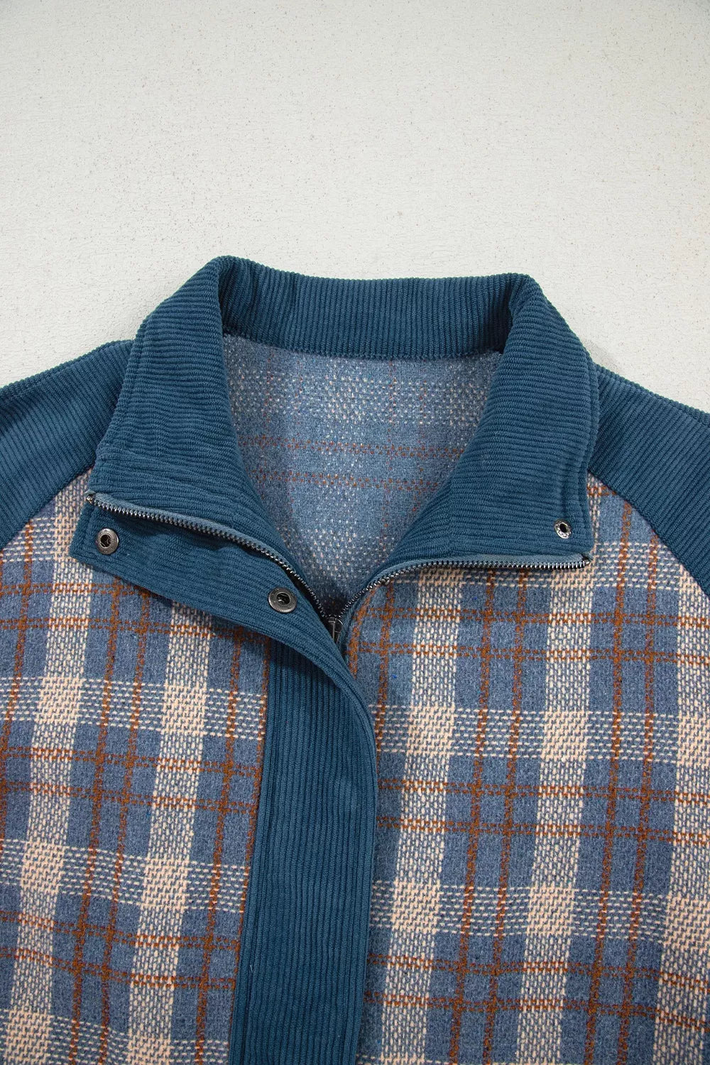 Trendsi Plaid Corduroy Patchwork Collared Zip Up Snap Button Jacket -