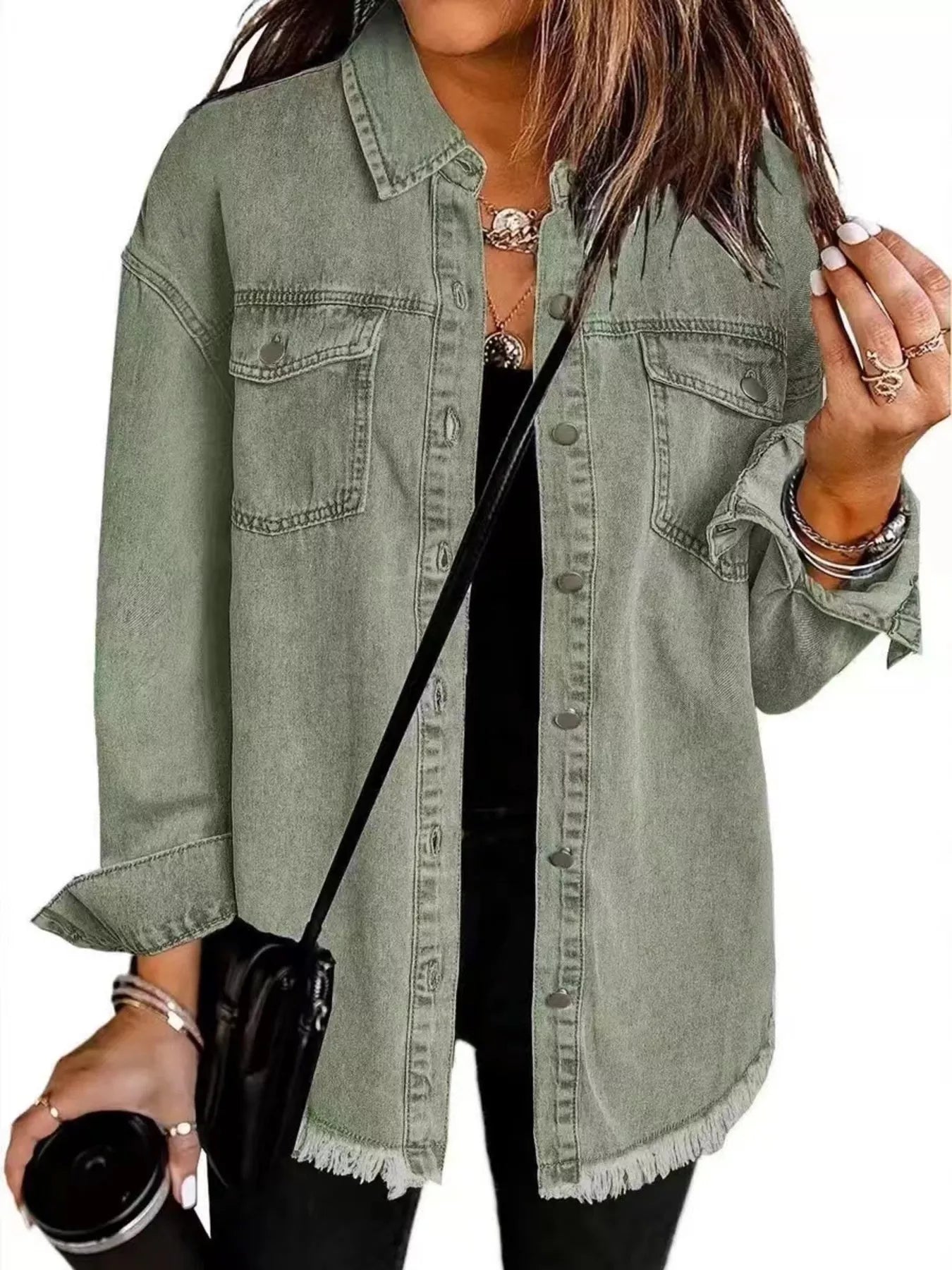 Trendsi Frayed Hem Button Up Denim Jacket -