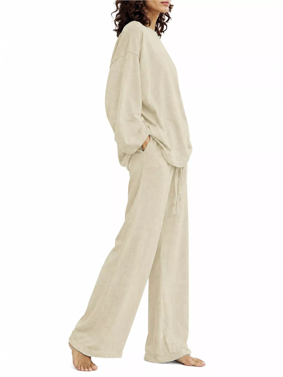 Women's Round Neck Top and Drawstring Wide-Leg Pants Set in cream — side view