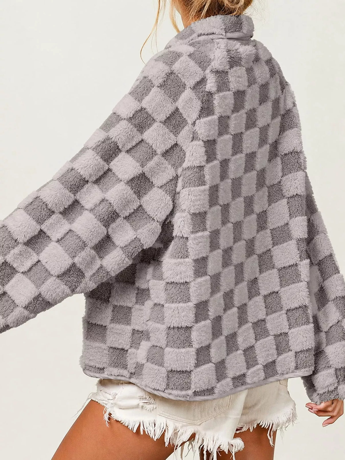 Gray oversized checkerboard faux fur teddy jacket