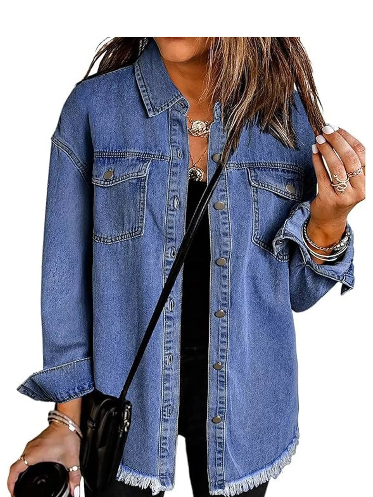 Blue raw hem button-up denim jacket — front view