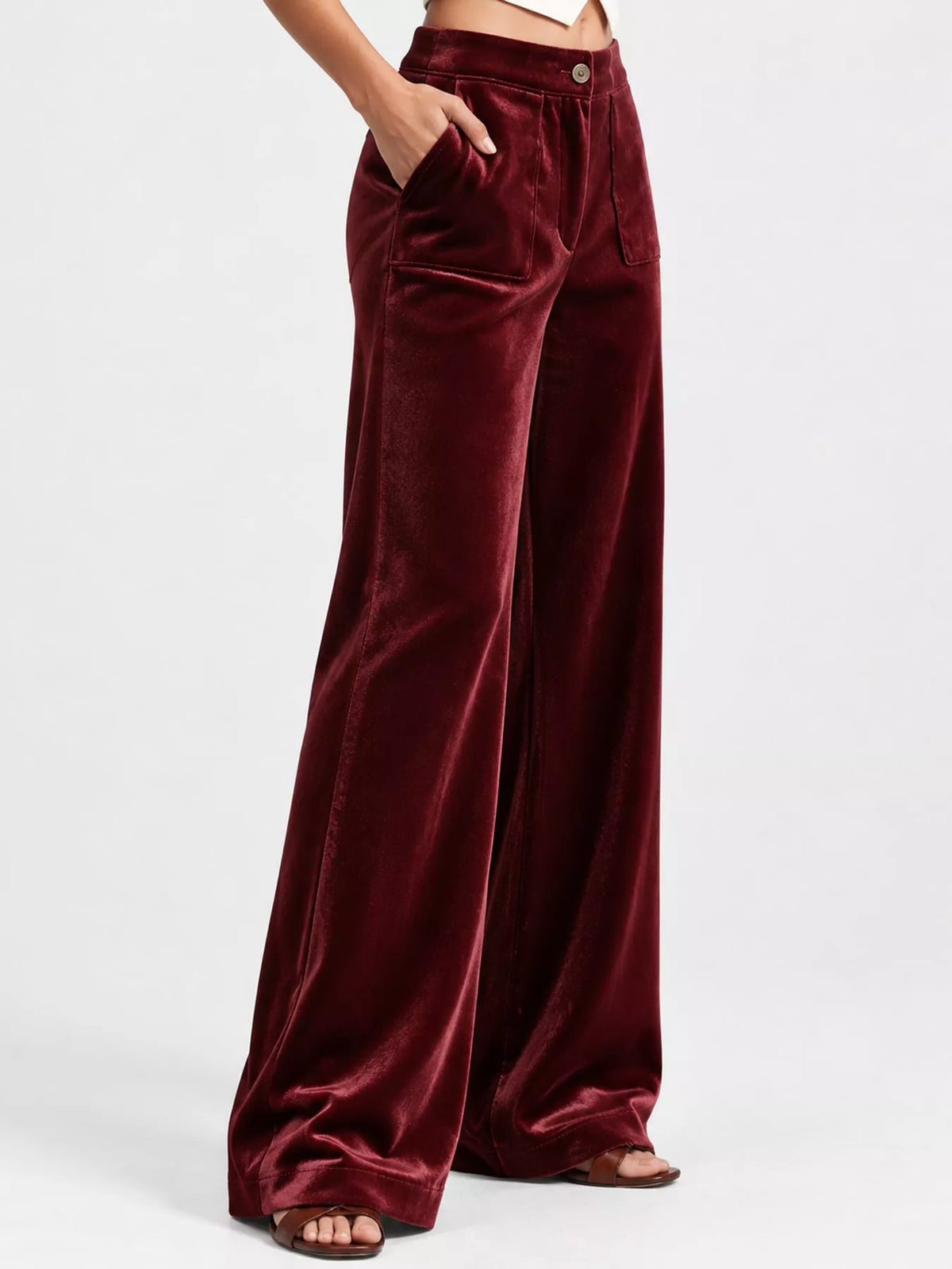 Wine Red high-waisted wide-leg velvet pocket pants