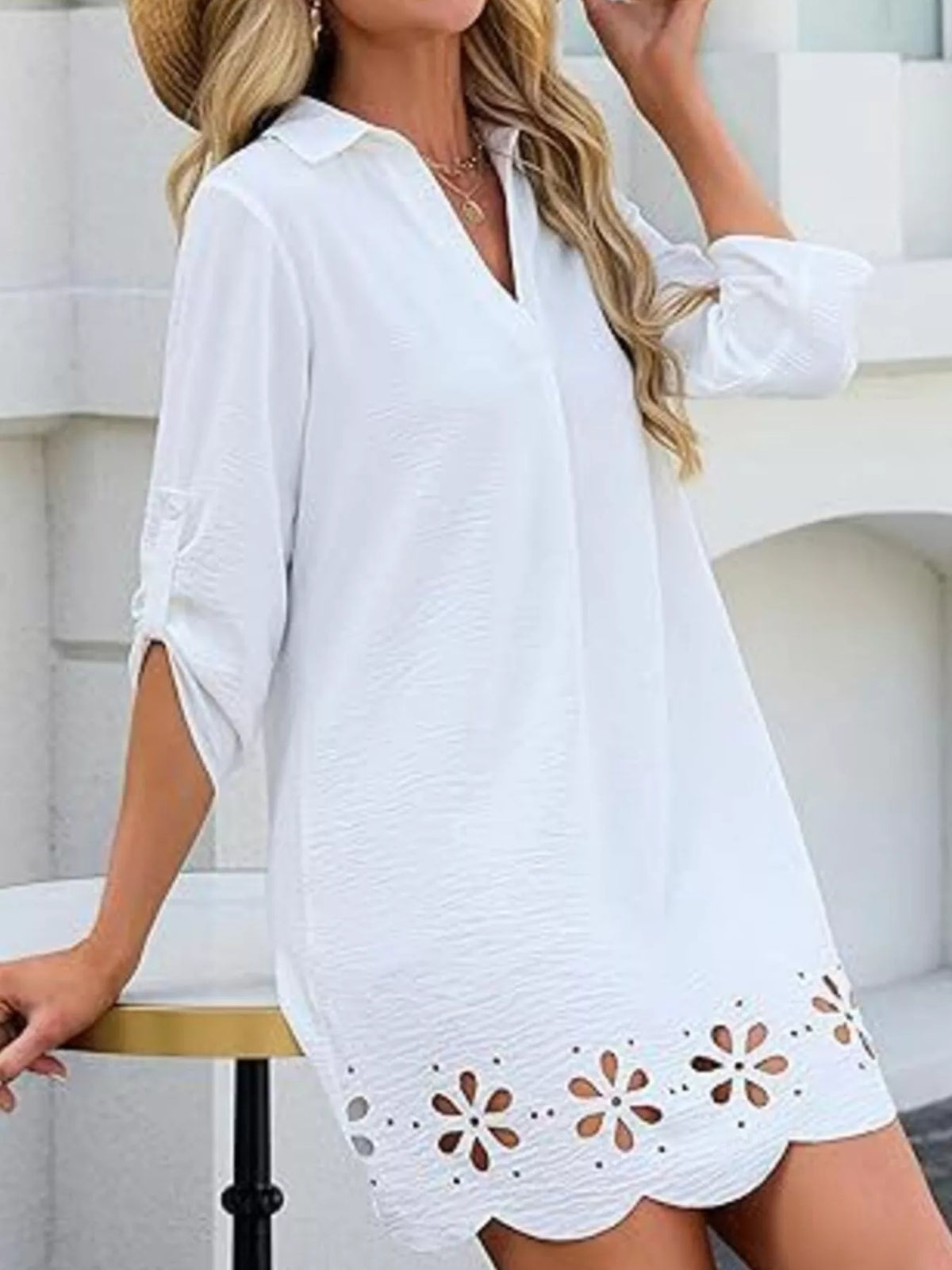 Trendsi Scalloped Eyelet Hem Roll-Up Sleeve Dress -
