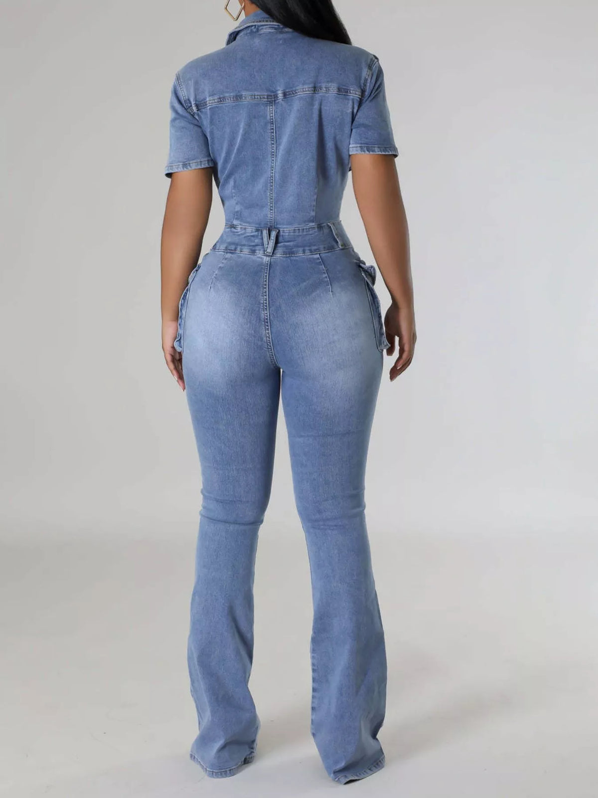 Blue flared denim cargo jumpsuit, back view