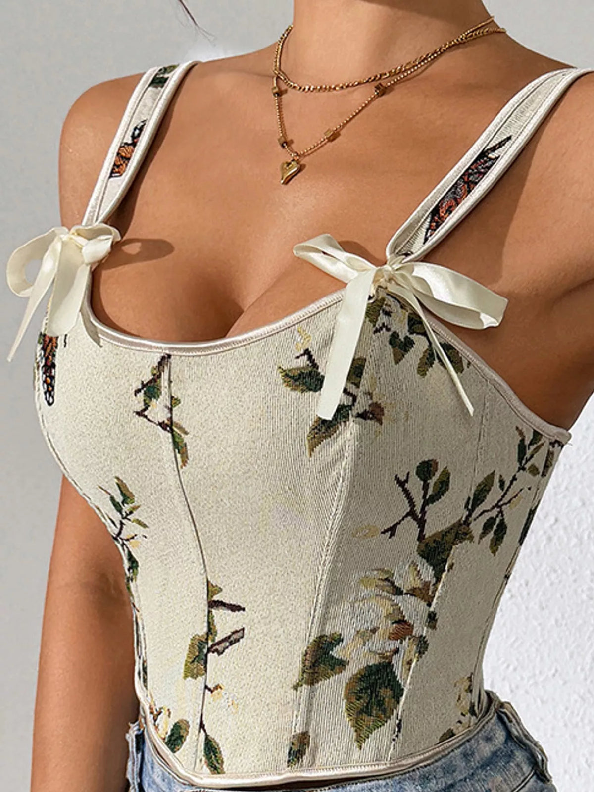 Cream floral lace-up back tank