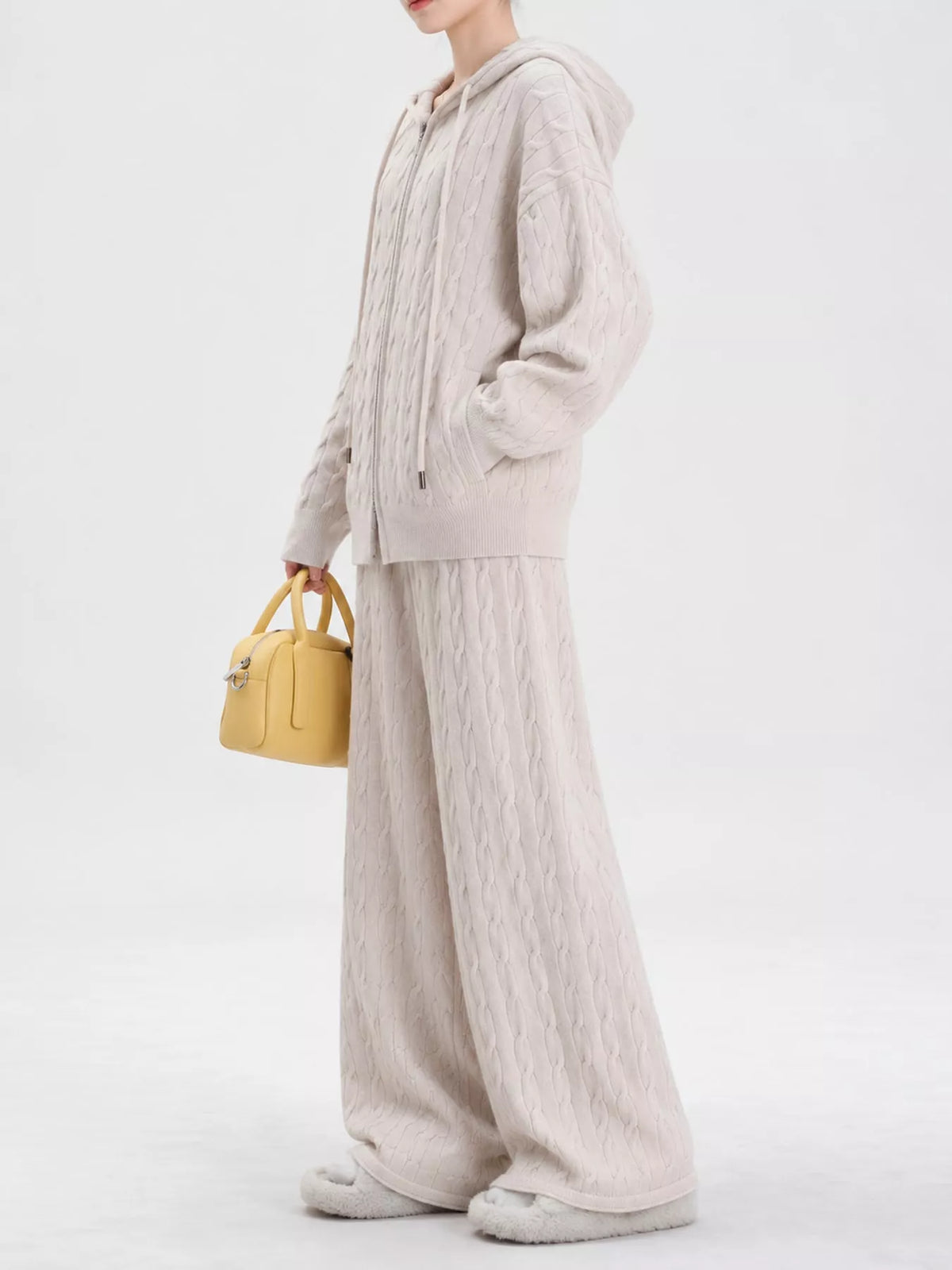 Cable-knit cardigan and pants set, cream side