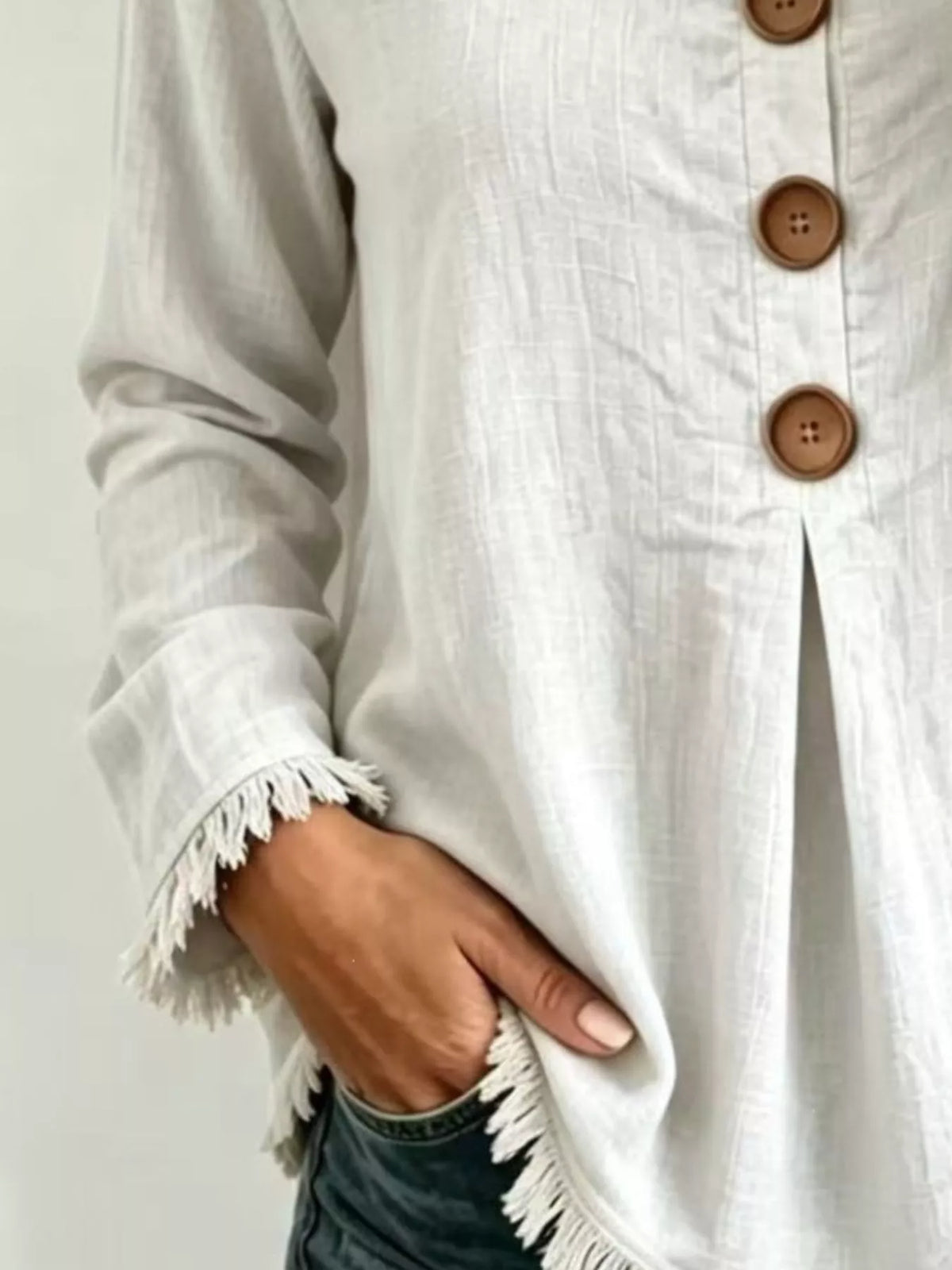 White Frayed-Hem Long Sleeve Button-Front Blouse fabric and fringe detail