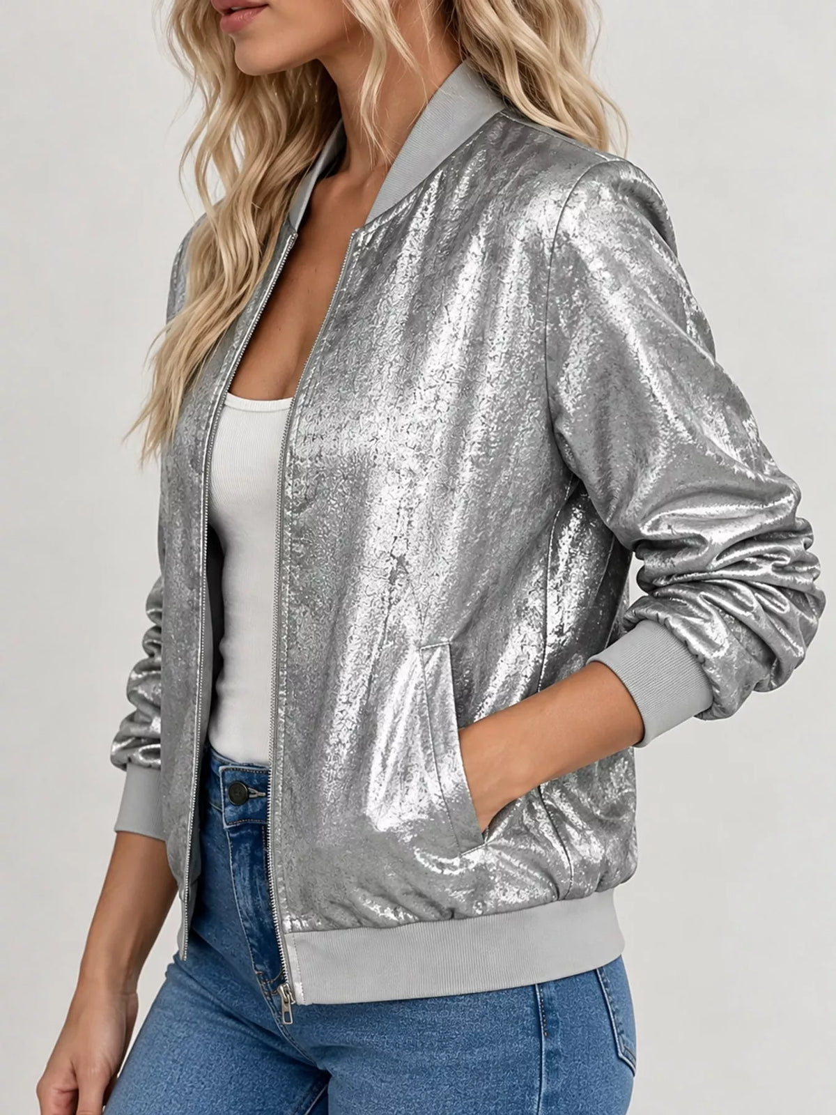 Zip-up bomber jacket, silver side