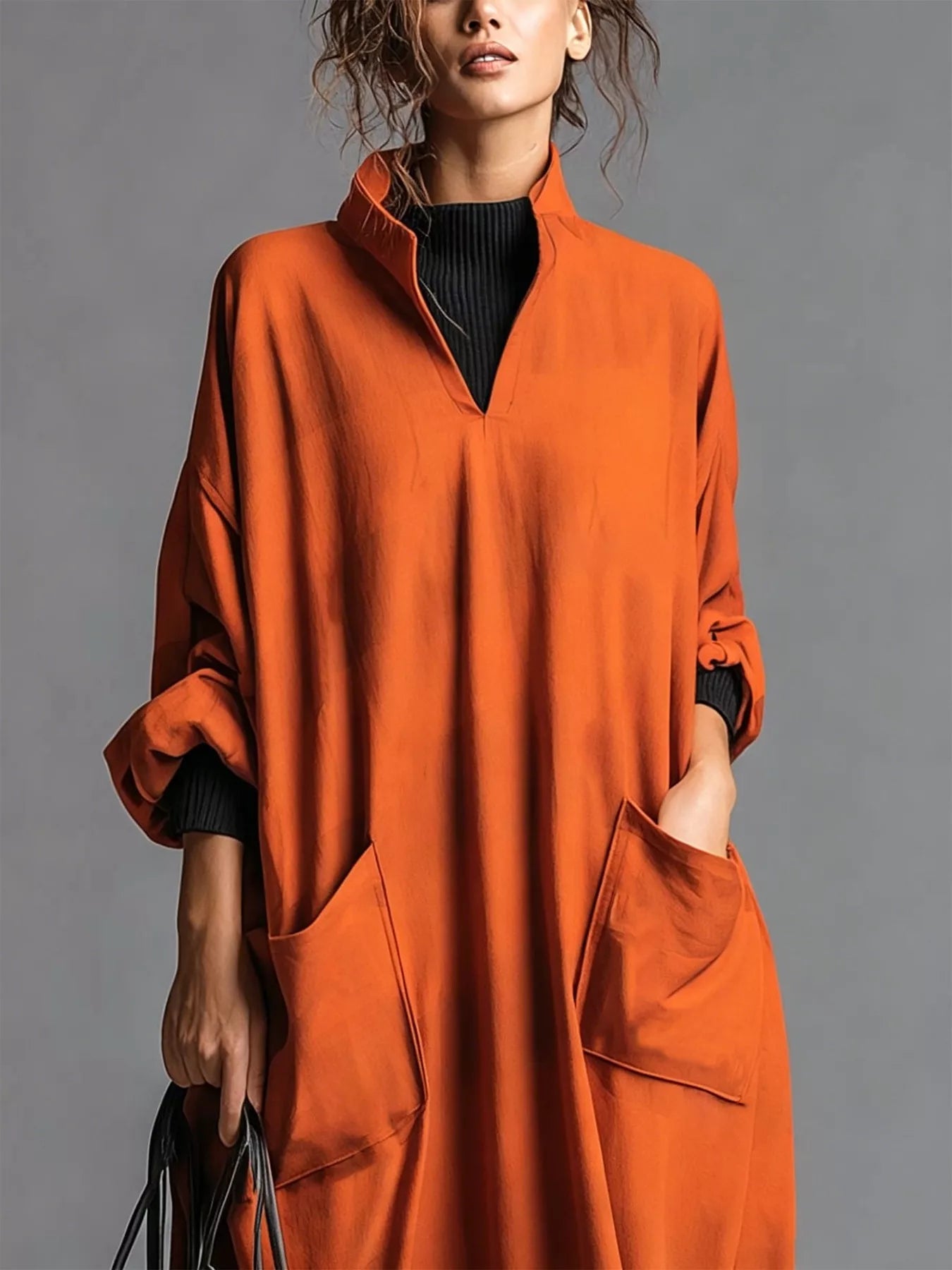 Trendsi Full Size Loose-Fit Mock Neck Midi Dress with Pockets Plus Size -