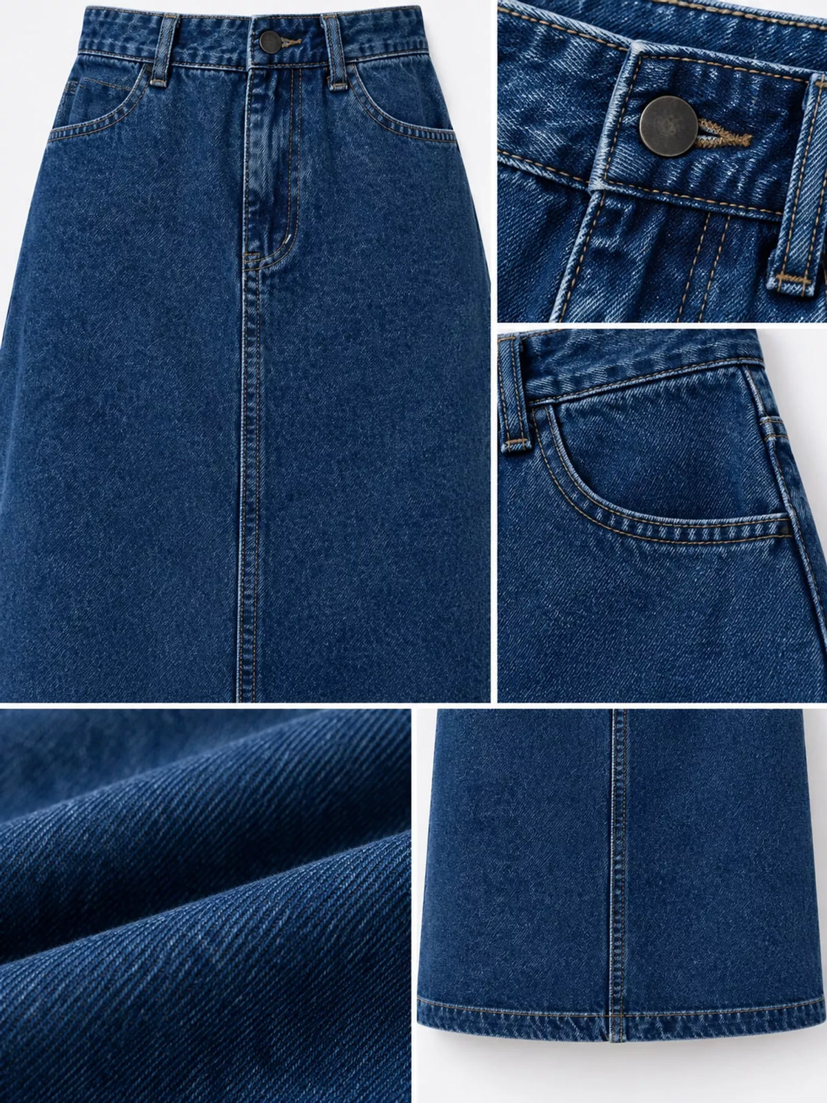 High-waisted denim midi skirt — blue waist pocket and fabric details