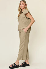 Trendsi Double Take Texture Ruffle Short Sleeve Top and Drawstring Wide Leg Pants Set -