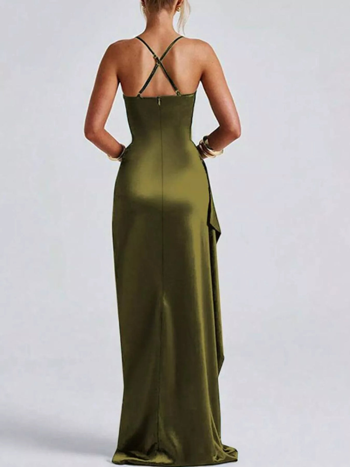 Olive satin ruched high slit maxi dress, back view