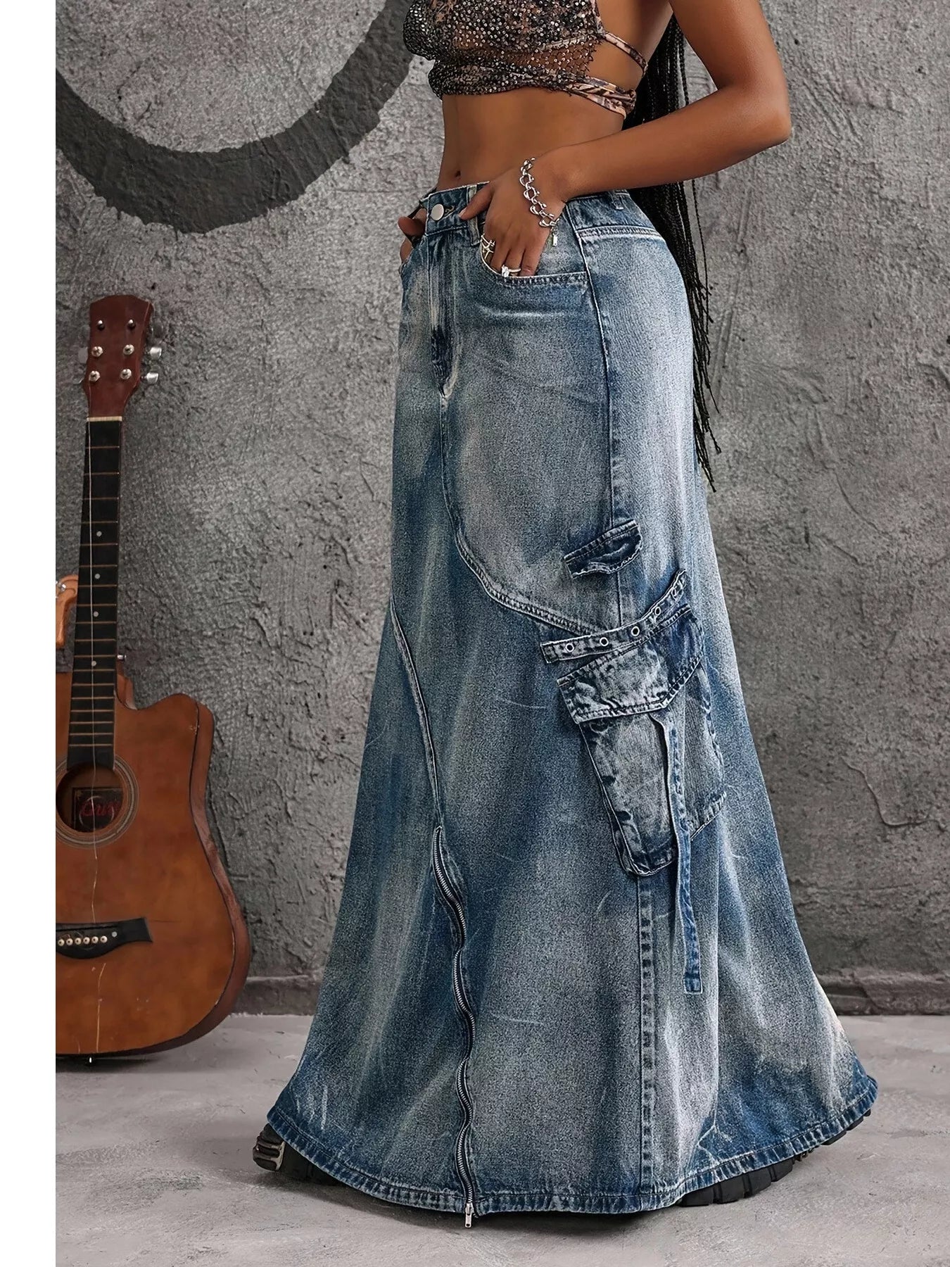 Trendsi High-Waisted Denim Maxi Skirt with Zipper Slit -