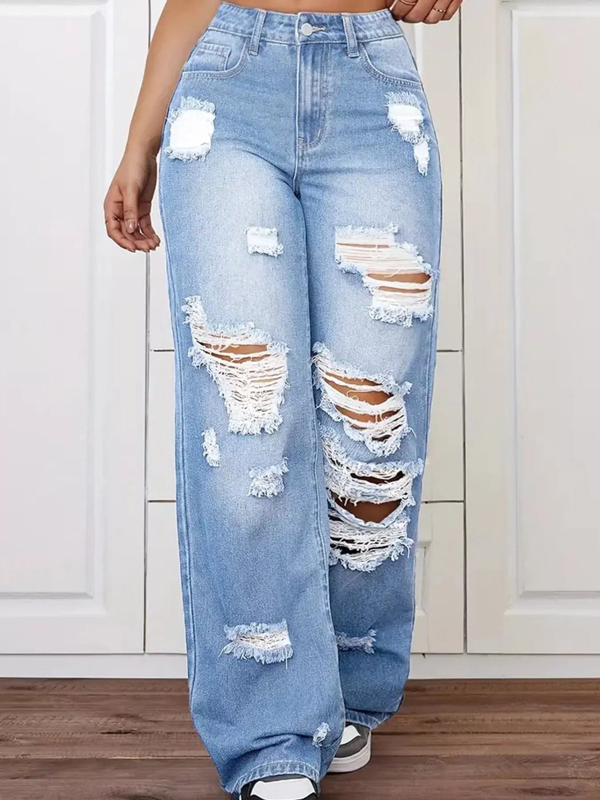 Distressed Wide-Leg Jeans in blue, front view