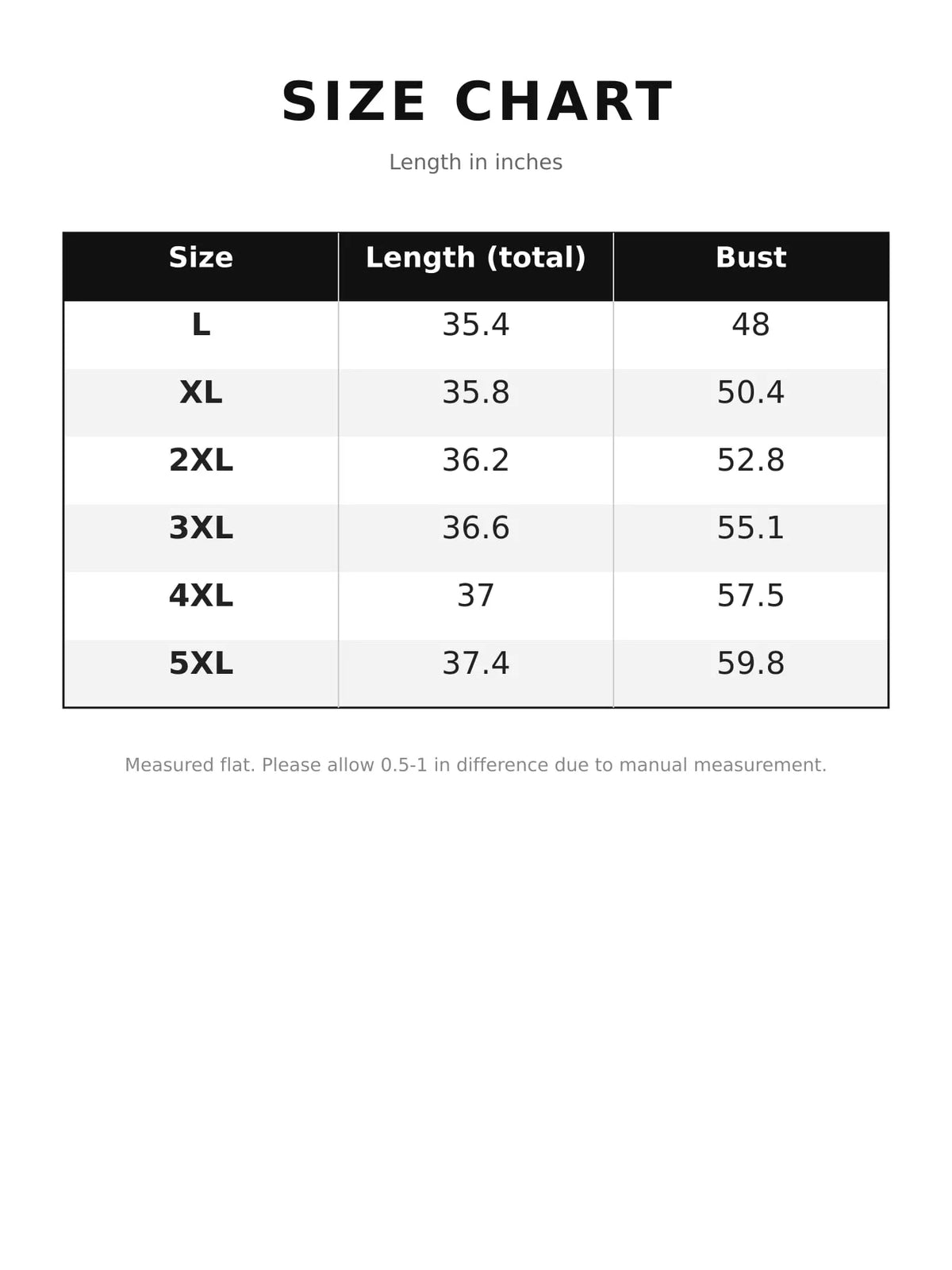 Denim dress, size chart