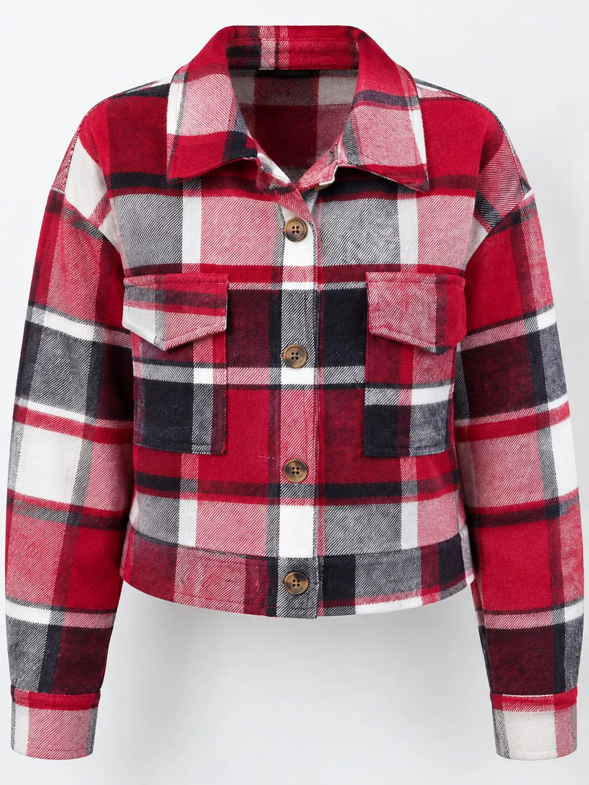 Plaid cropped jacket, red plaid button detail