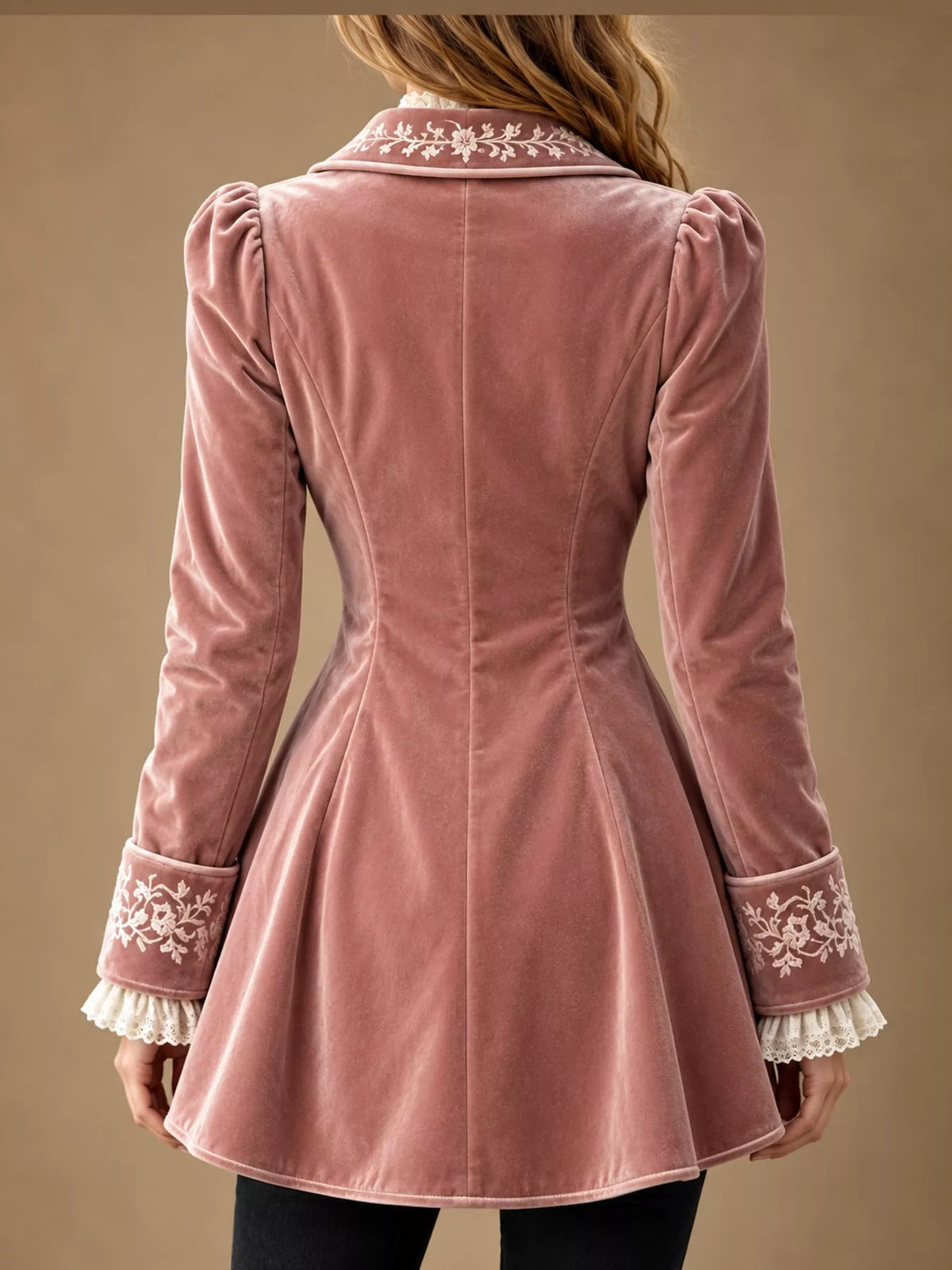 Pink embroidered velvet peplum blazer — back view