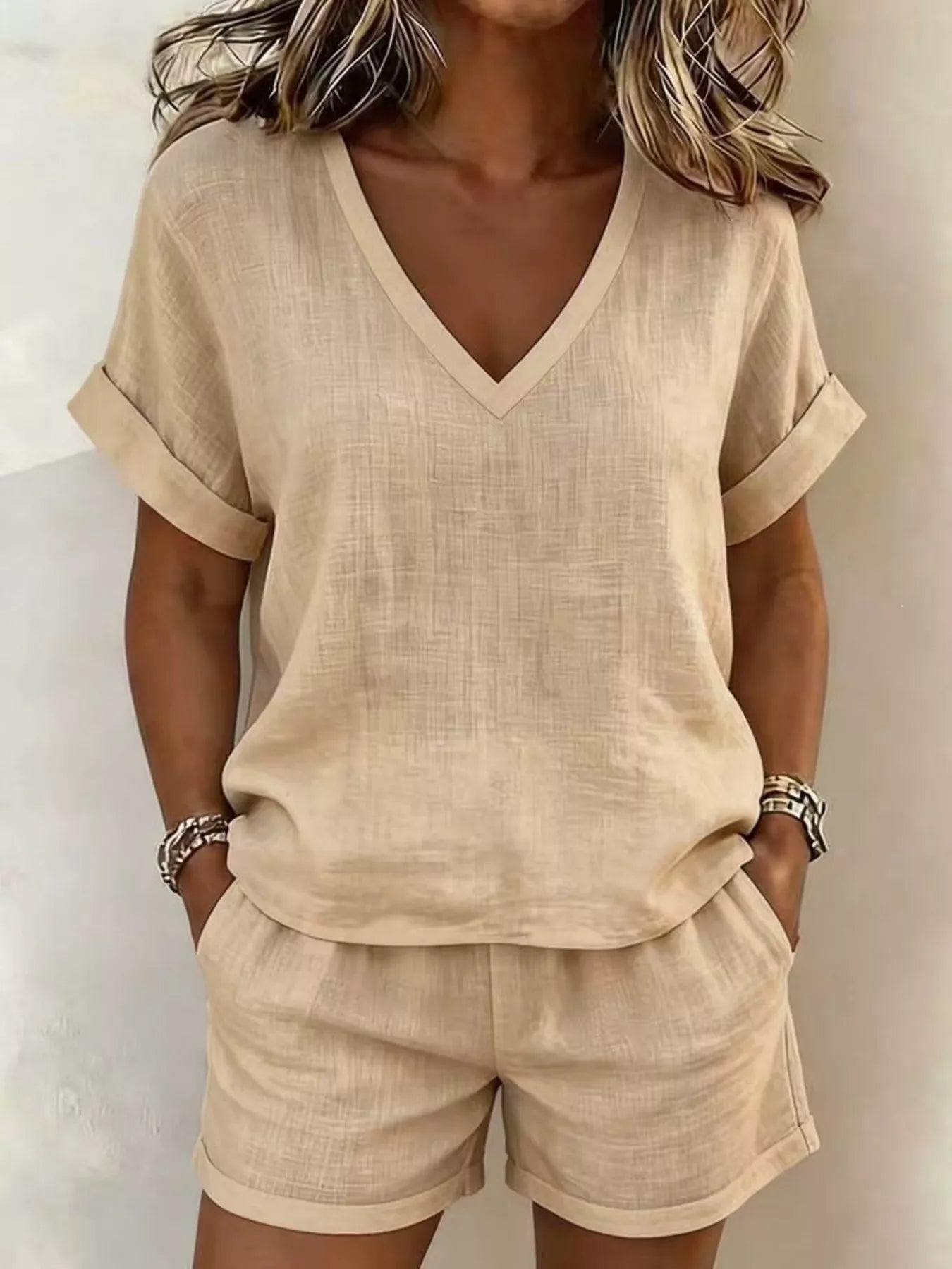 Trendsi V-Neck Linen Blend Short Sleeve Top and Shorts Set -