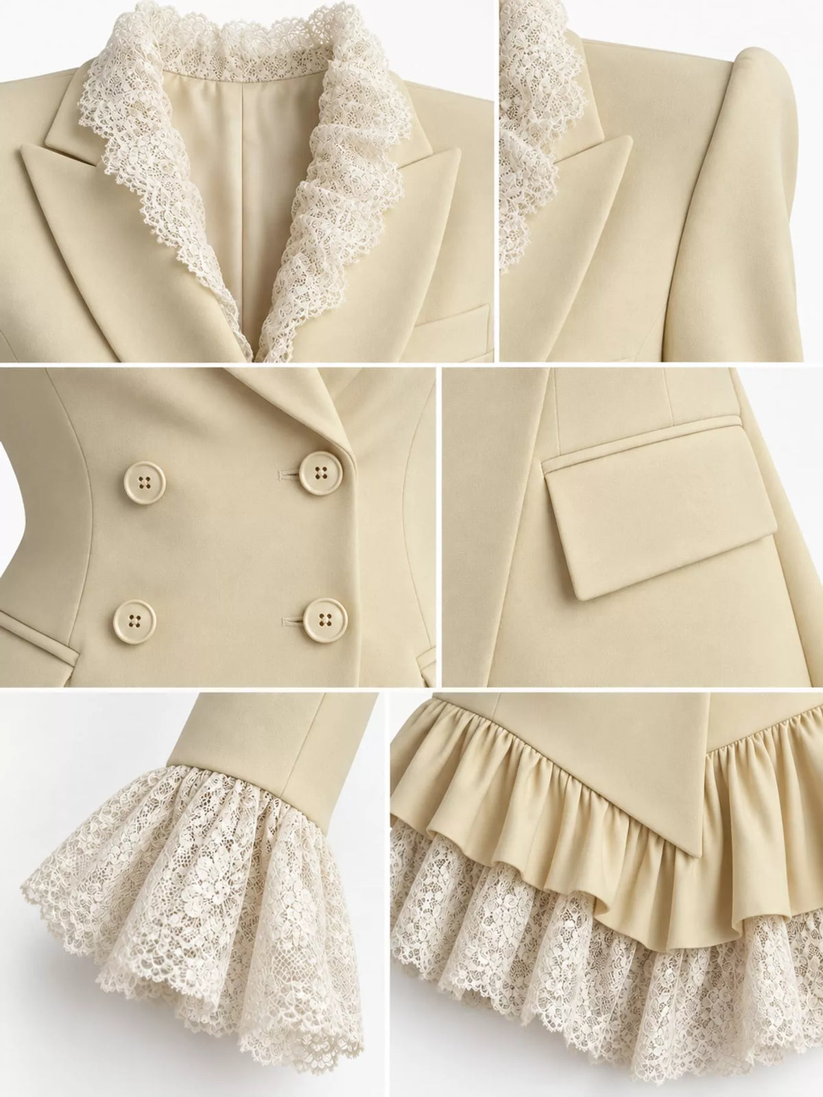 Pale yellow lace trim blazer dress, detail view
