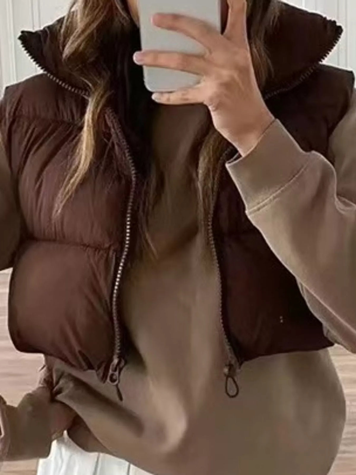 Cropped Zip-Up Puffer Vest in brown, front view
