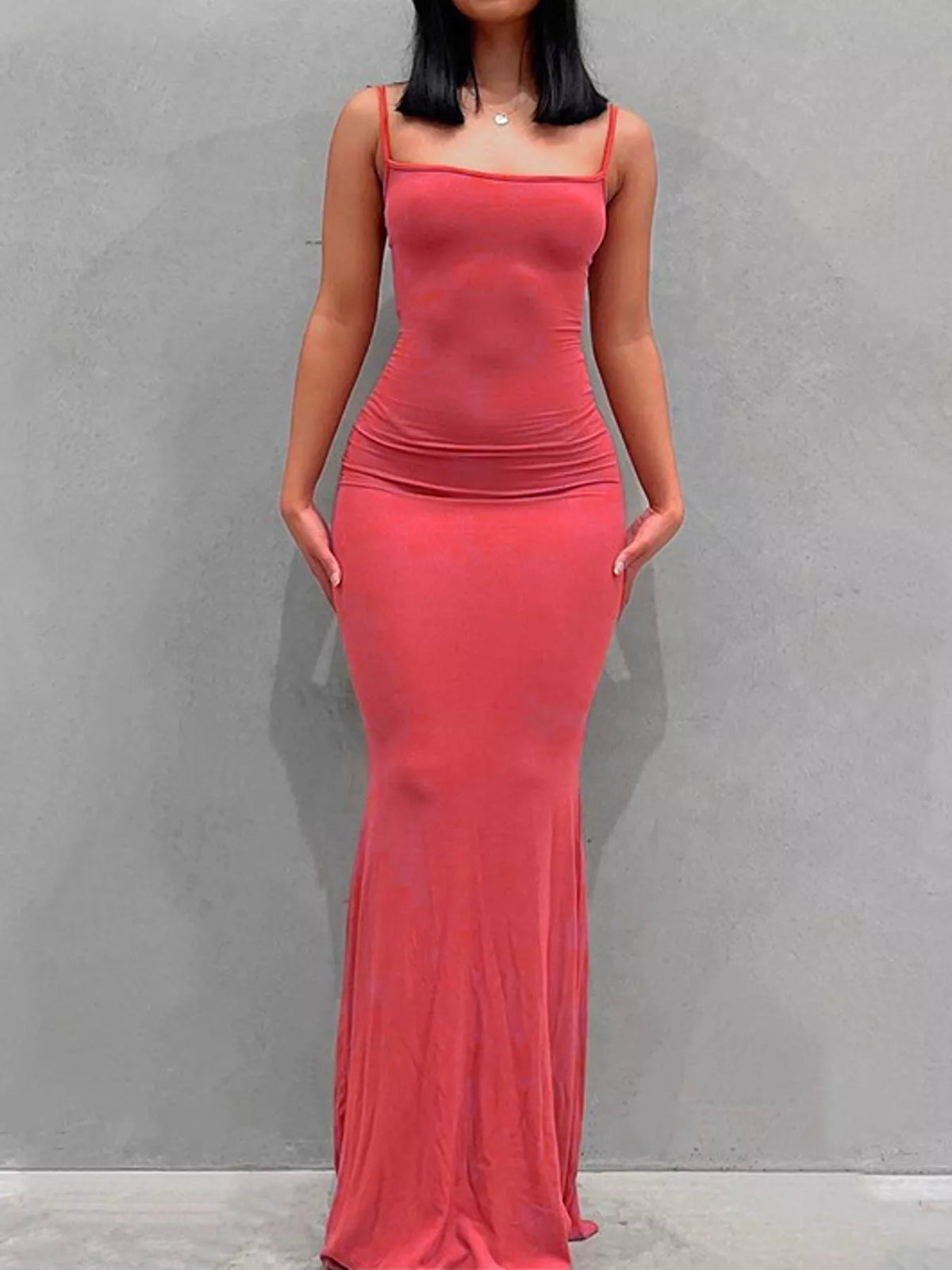 Square neck spaghetti-strap maxi dress, front view on model