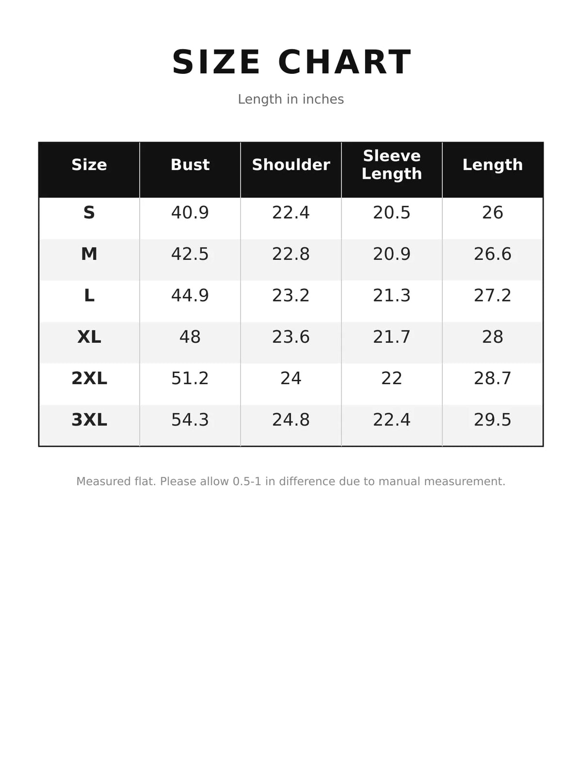 Size chart for scalloped hem crewneck sweatshirt