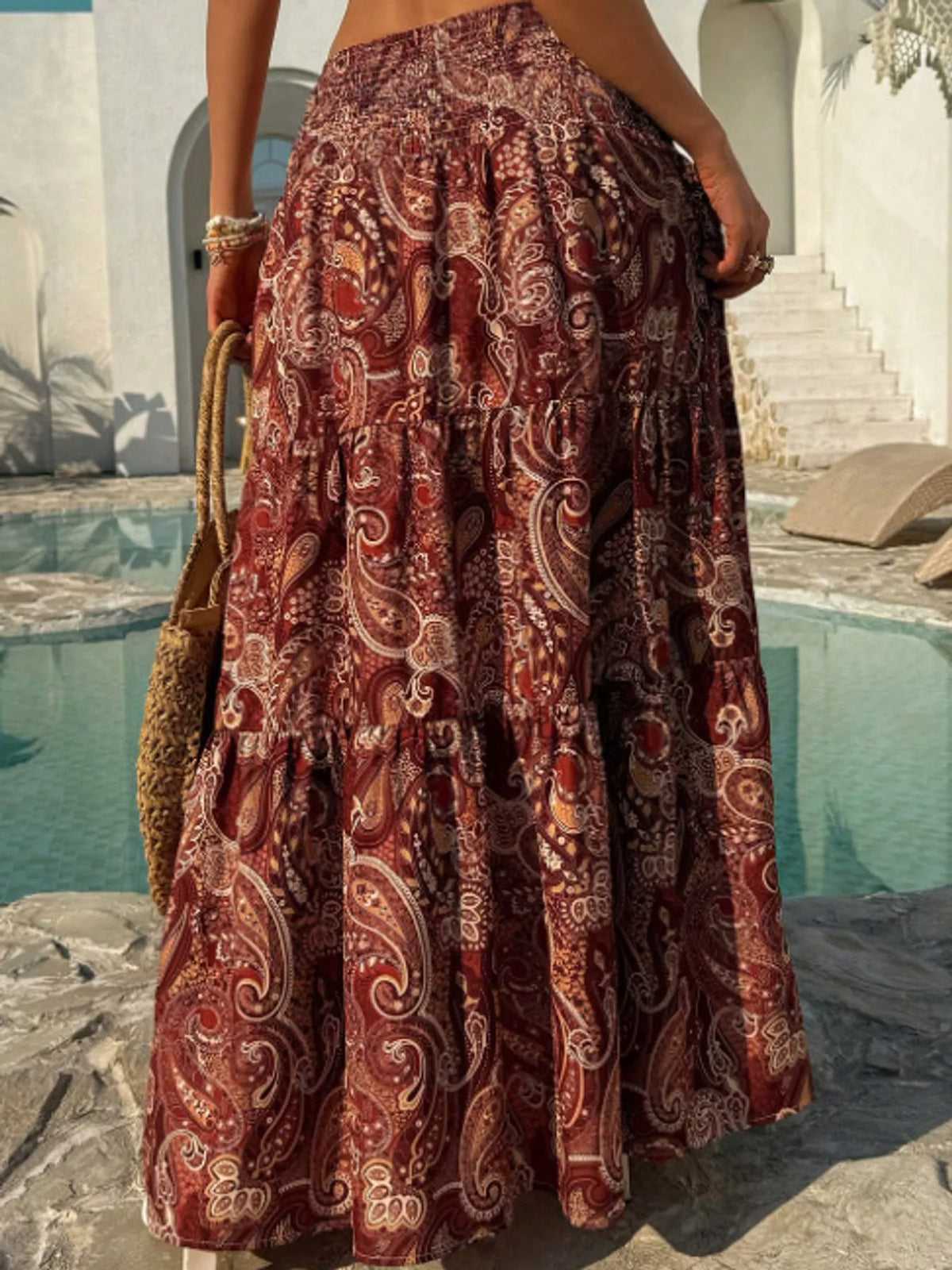 Women's Paisley Print Tiered Maxi Skirt in brown — front view