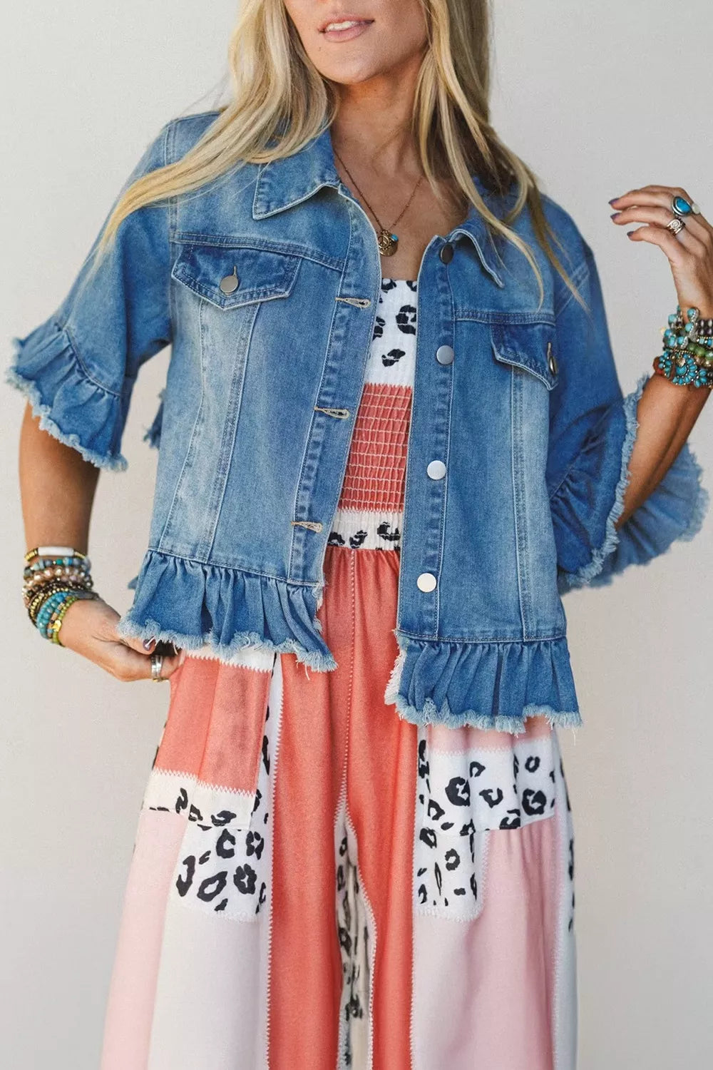 Trendsi Ruffle Hem Raw Edge Half Sleeve Western Denim Jacket -