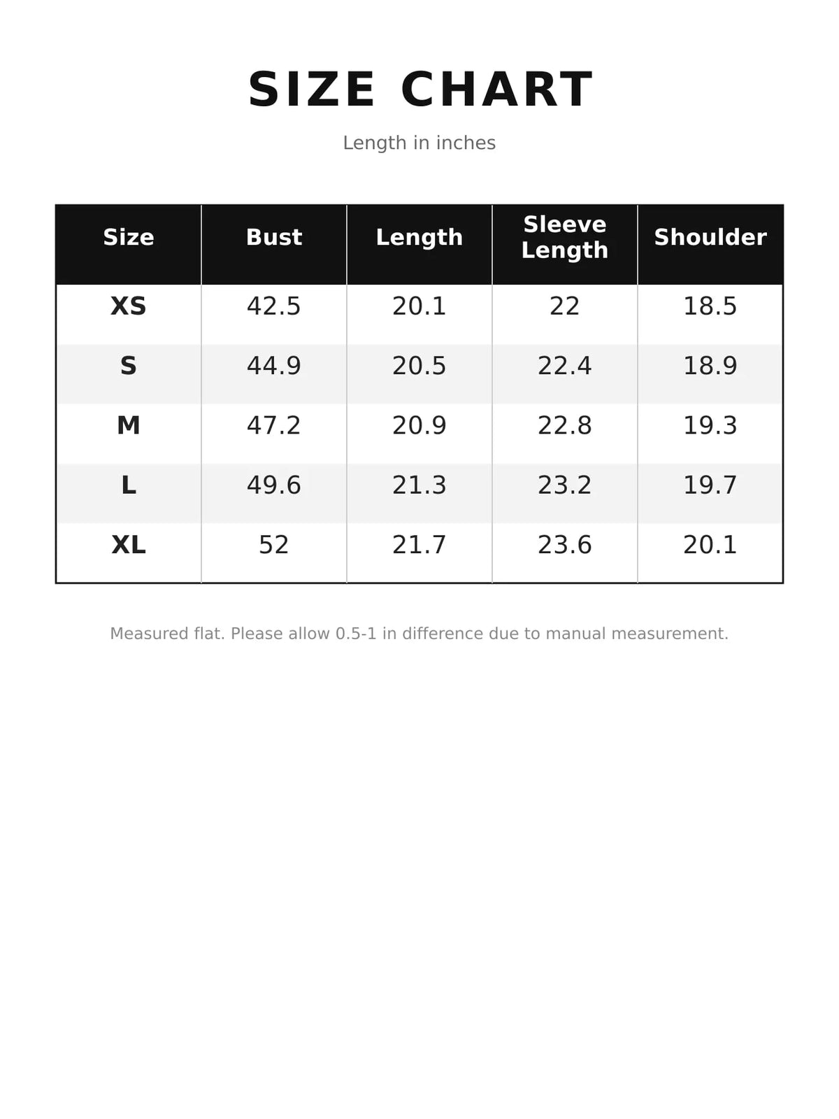 Size chart for zip-up long sleeve jacket