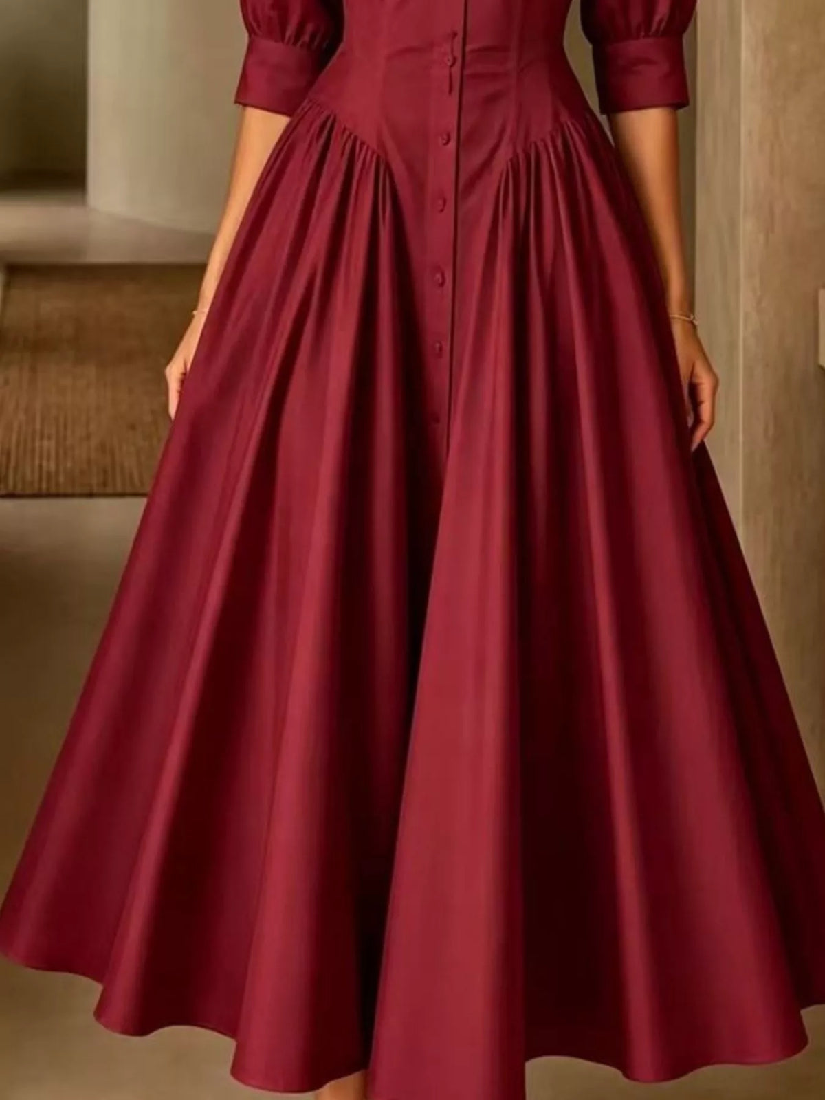 Button-Down Shirt Dress with Cinched Waist, skirt detail