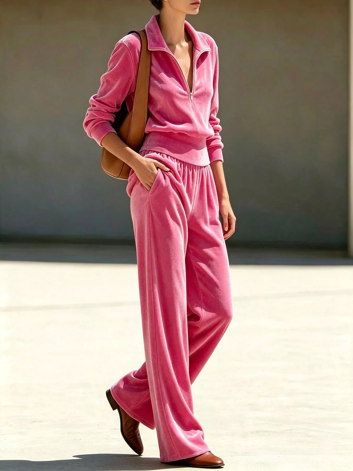 Women's Half Zip Sweatshirt and Wide-Leg Pants Set in pink — side view