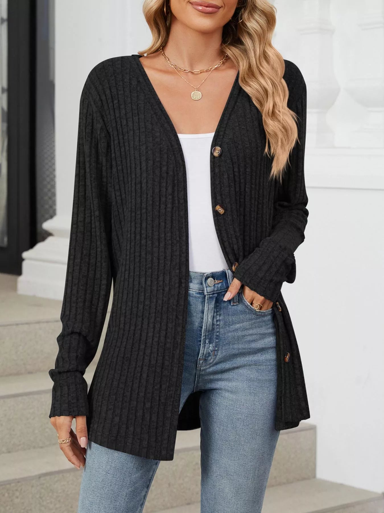 Trendsi Ribbed Button-Up Cardigan -