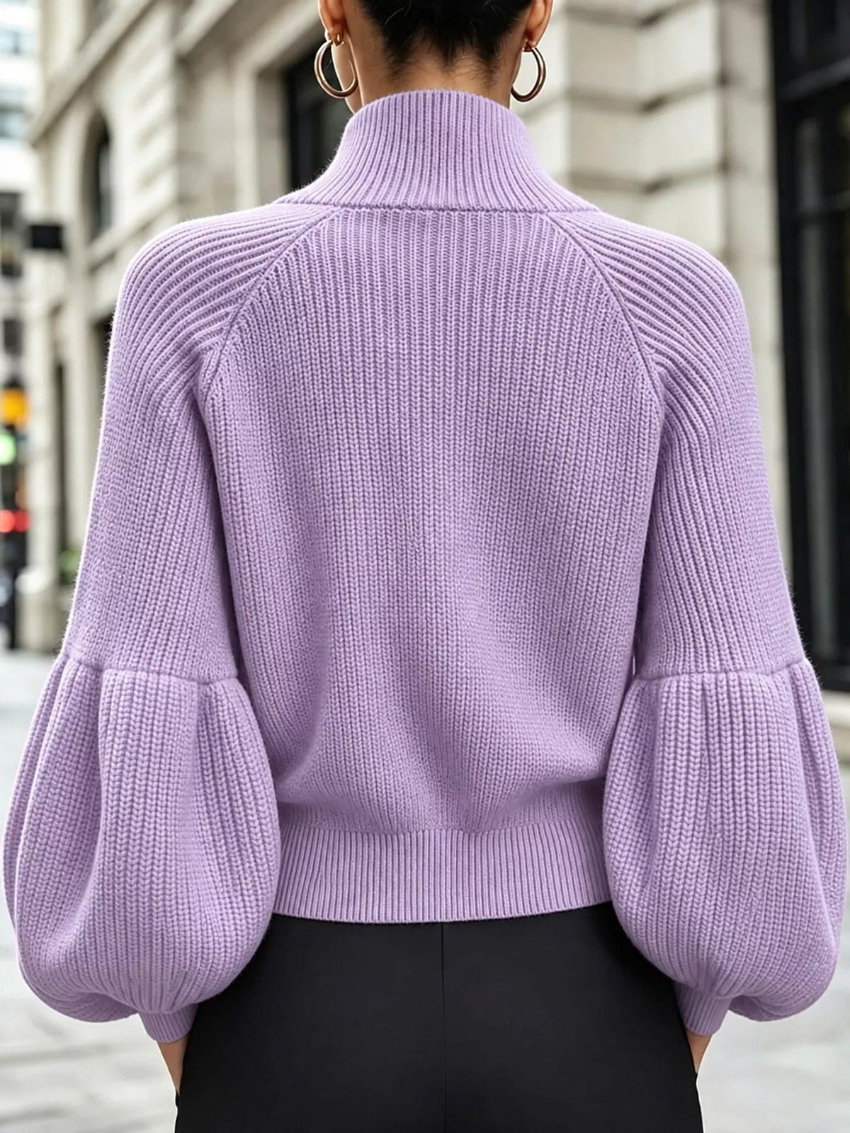 Light Purple ribbed knit zip-up lantern sleeve cardigan, back view